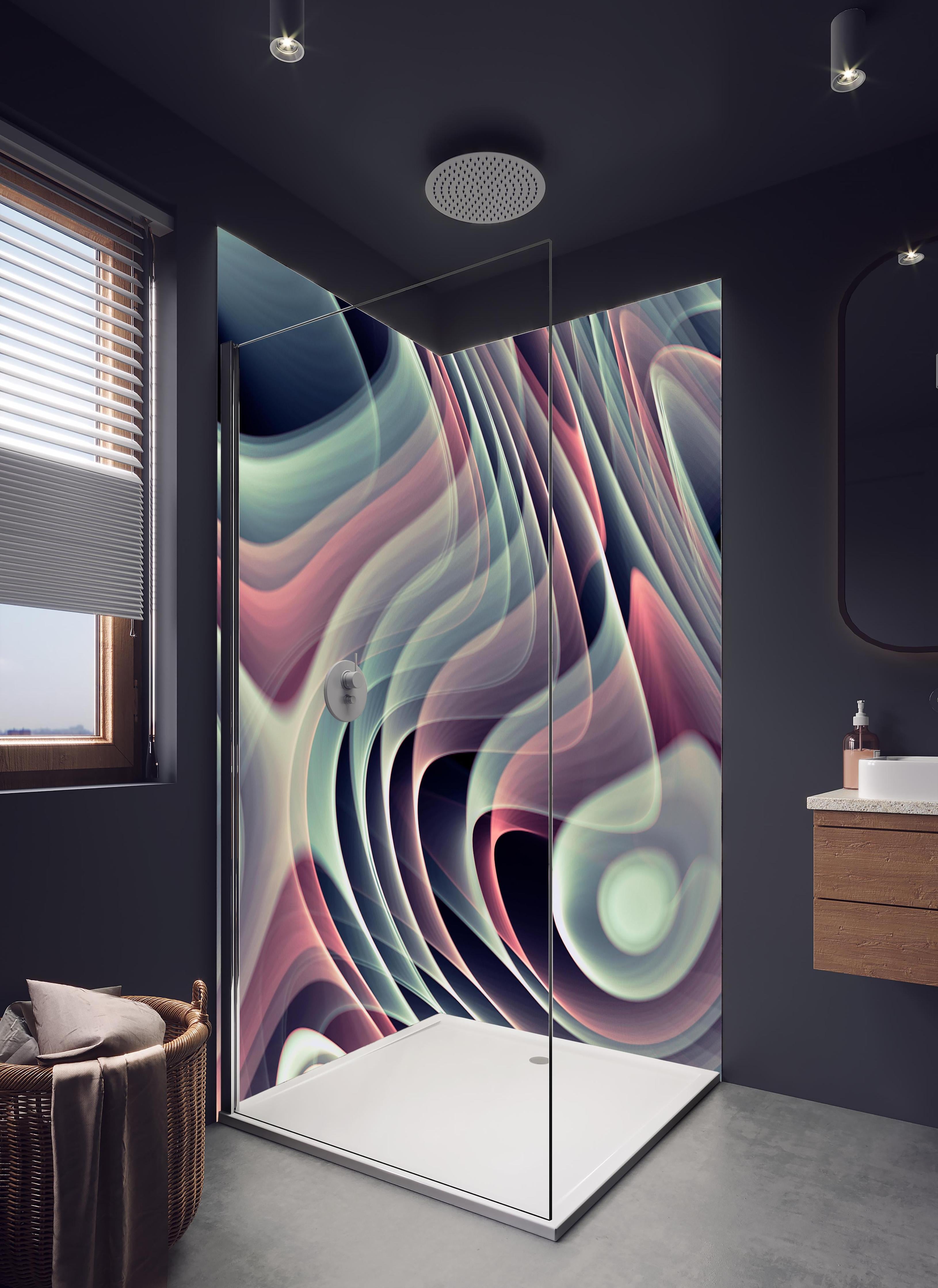 Duschrückwand - Linienartiger Hintergrund - Abstrakt in hellem Badezimmer mit Regenduschkopf - zweiteilige Eck-Duschrückwand