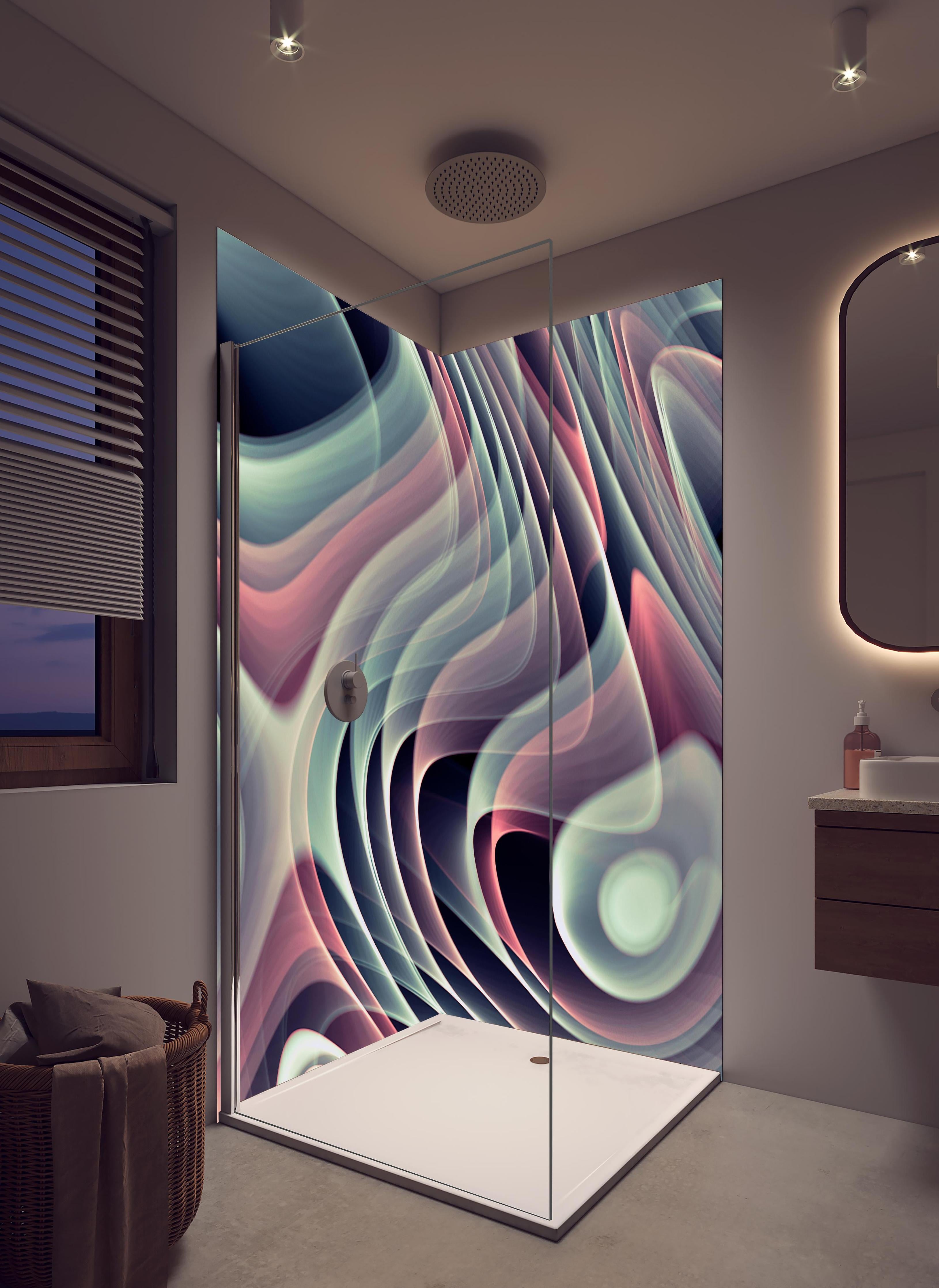 Duschrückwand - Linienartiger Hintergrund - Abstrakt in hellem Badezimmer mit Regenduschkopf - zweiteilige Eck-Duschrückwand