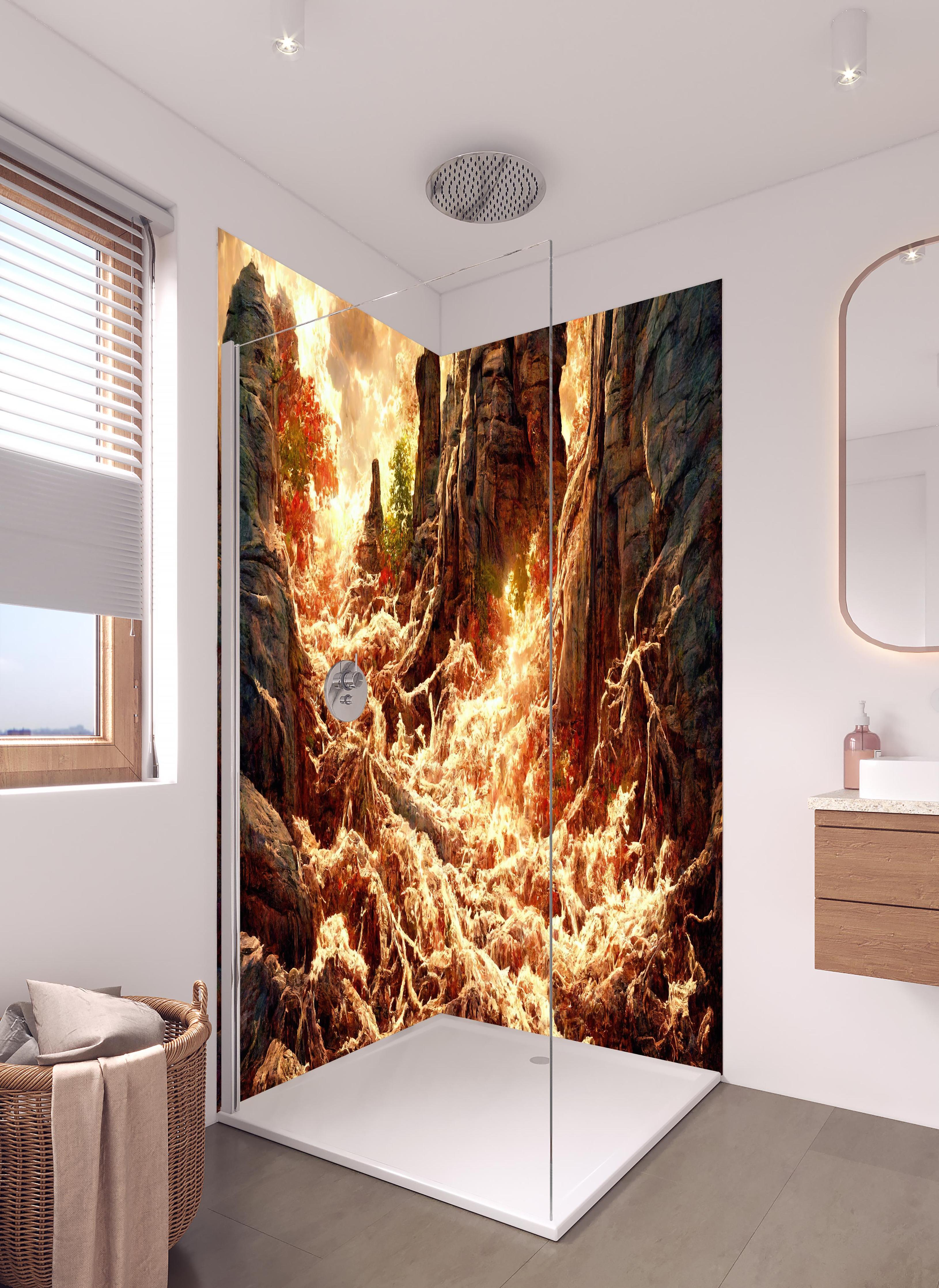 Duschrückwand - Löschen in hellem Badezimmer mit Regenduschkopf - zweiteilige Eck-Duschrückwand