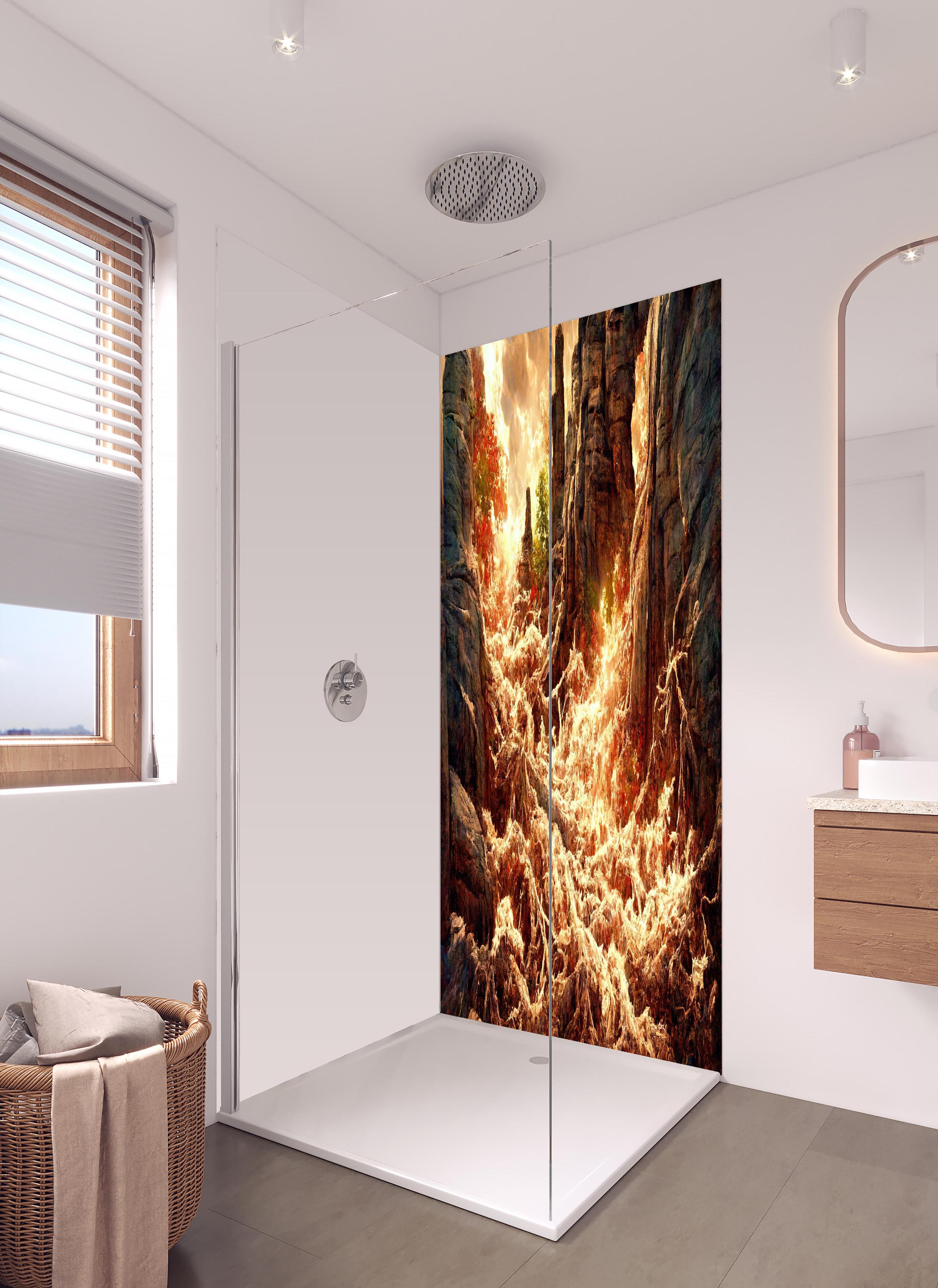 Duschrückwand - Löschen in hellem Badezimmer mit Regenduschkopf - zweiteilige Eck-Duschrückwand
