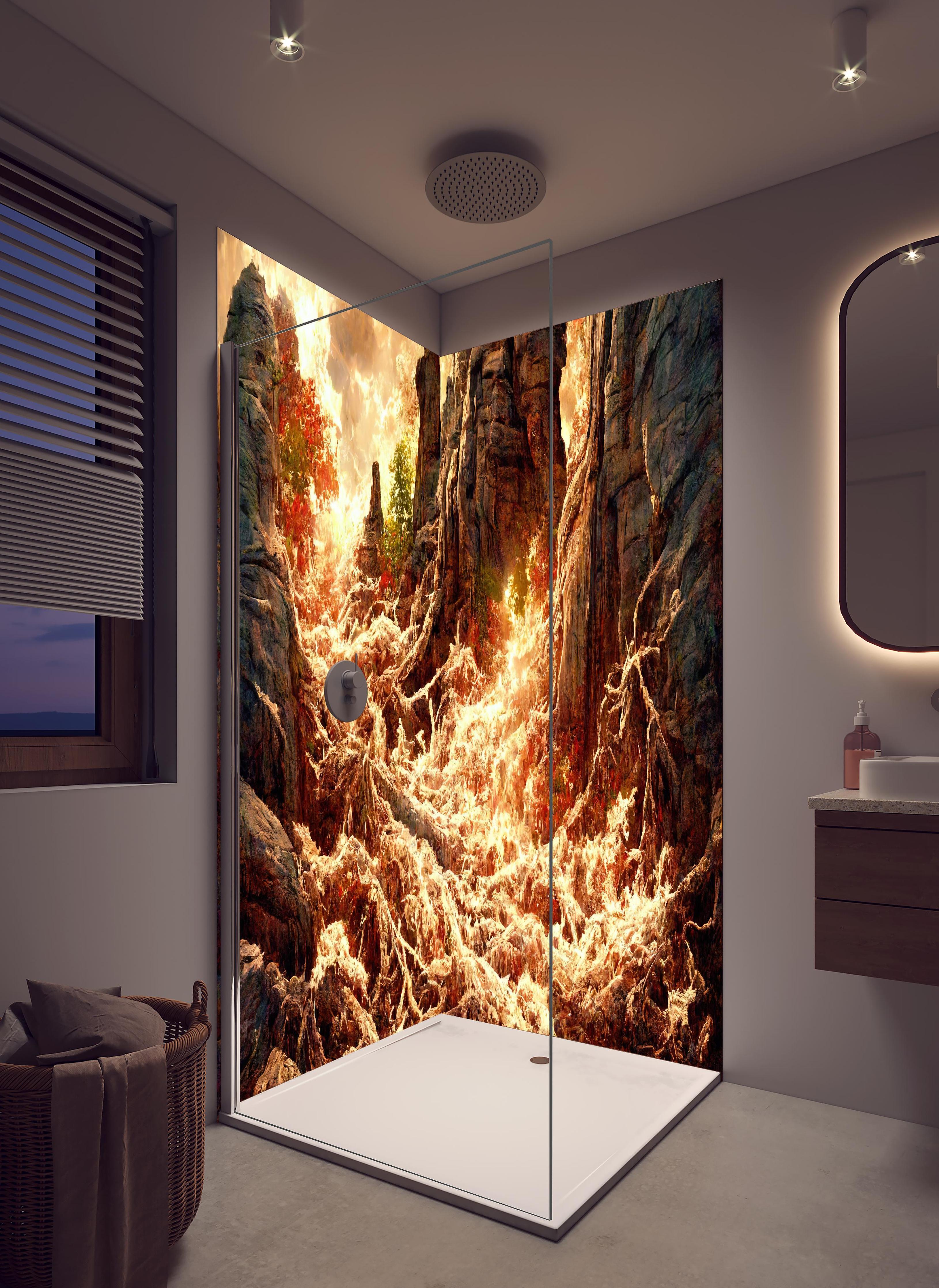 Duschrückwand - Löschen in hellem Badezimmer mit Regenduschkopf - zweiteilige Eck-Duschrückwand