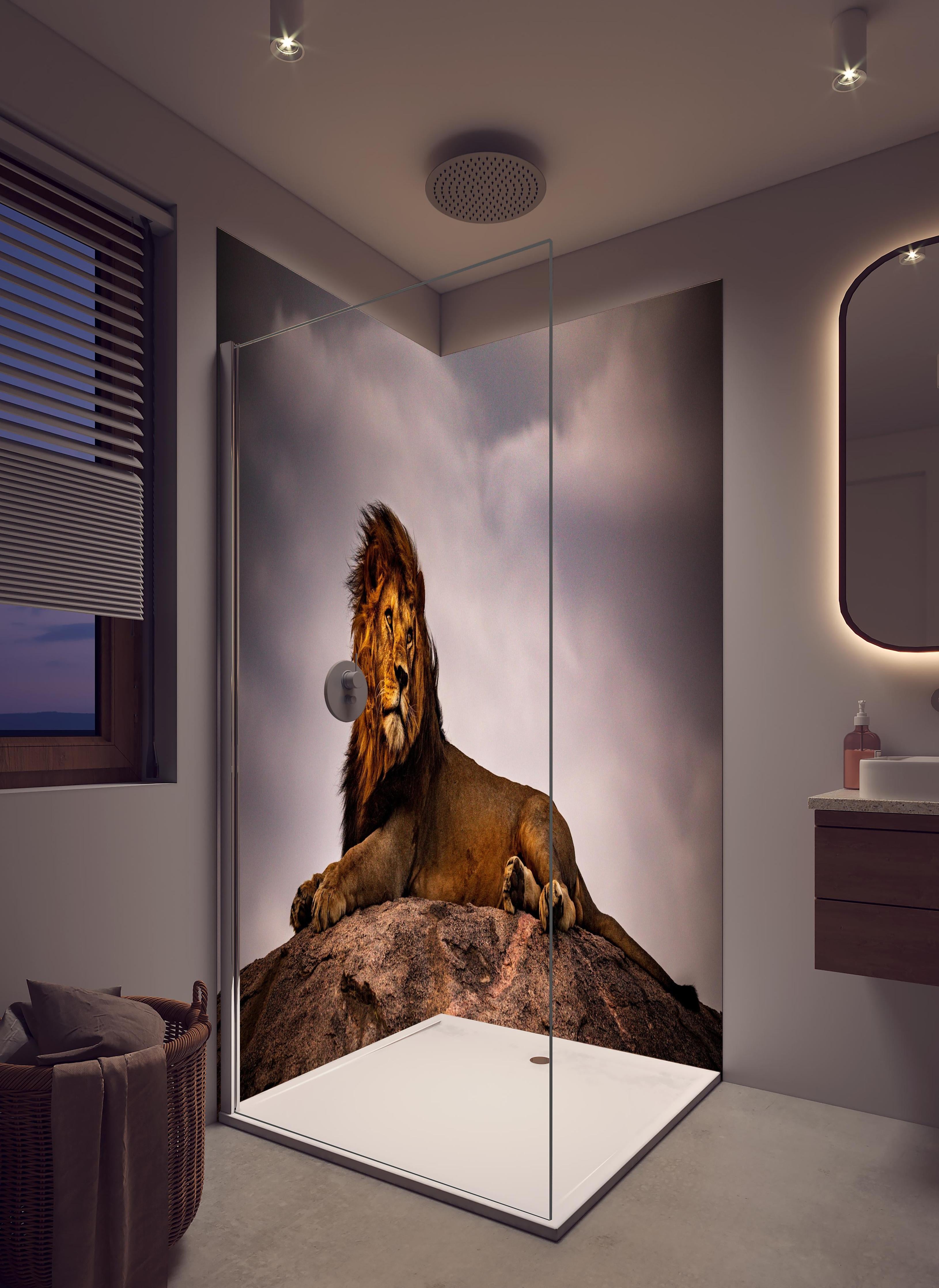 Duschrückwand - Löwe vor dunklem Himmel in hellem Badezimmer mit Regenduschkopf - zweiteilige Eck-Duschrückwand