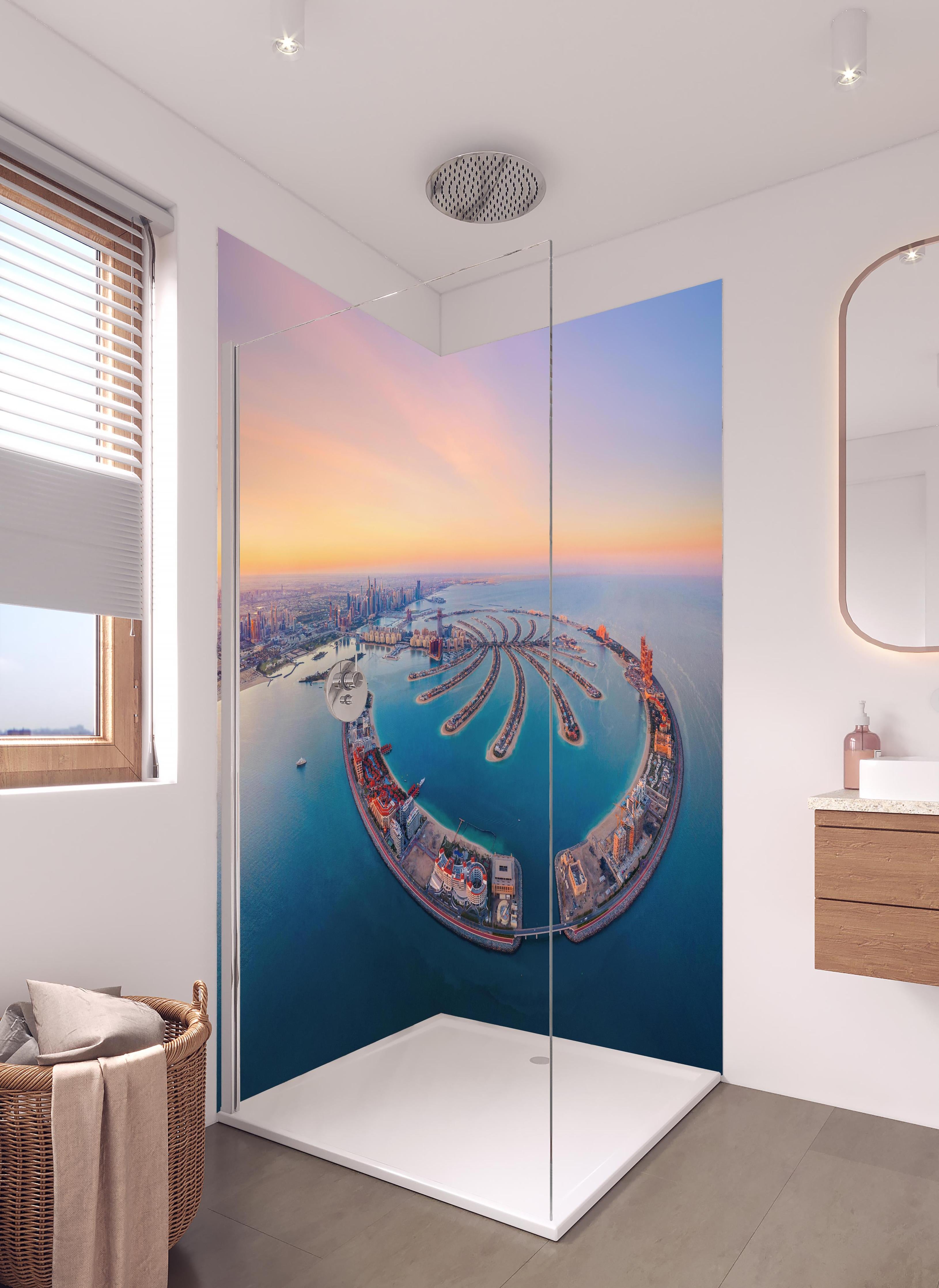Duschrückwand - Luftaufnahme von Palm Jumeirah in hellem Badezimmer mit Regenduschkopf - zweiteilige Eck-Duschrückwand