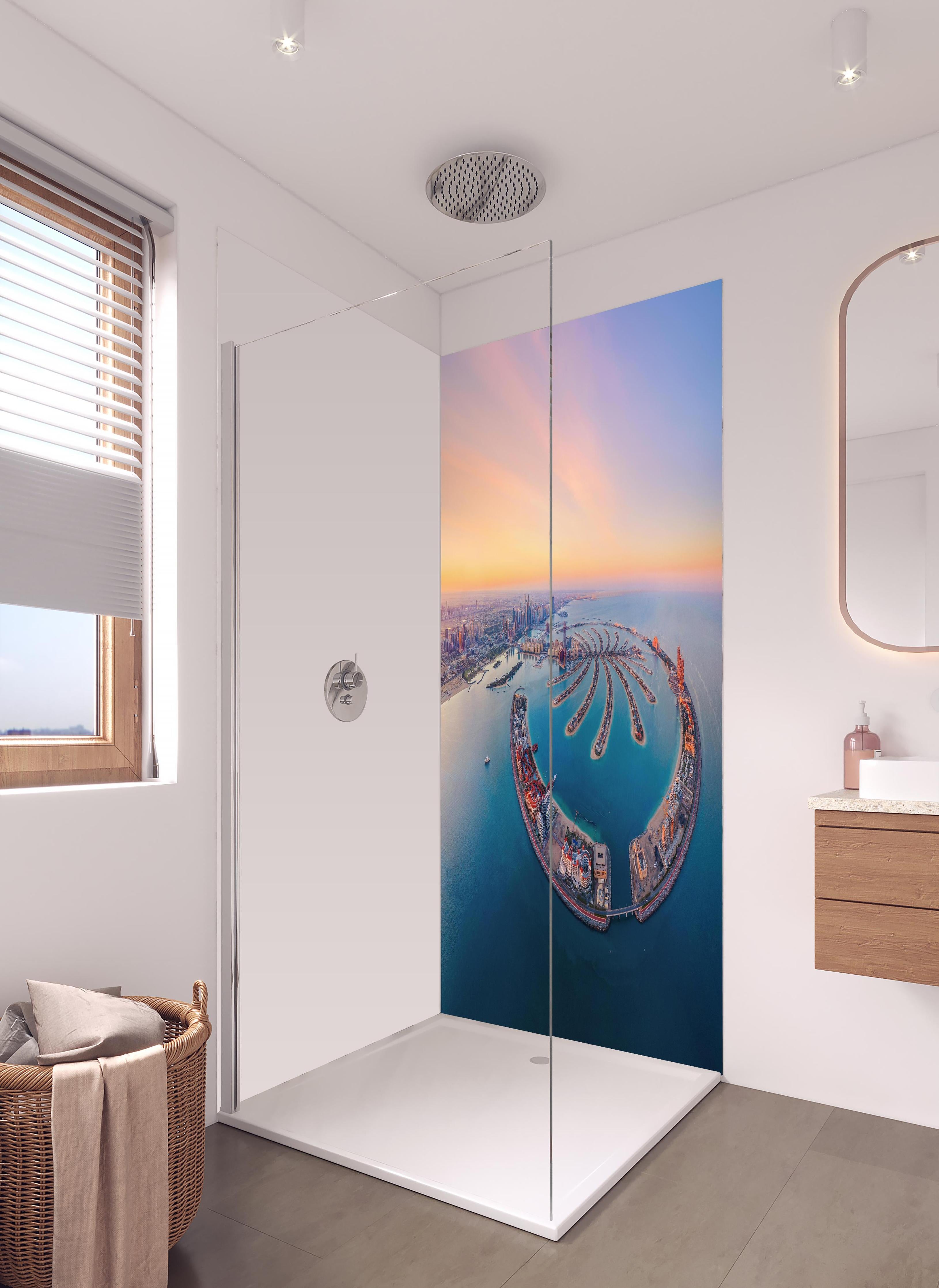 Duschrückwand - Luftaufnahme von Palm Jumeirah in hellem Badezimmer mit Regenduschkopf - zweiteilige Eck-Duschrückwand