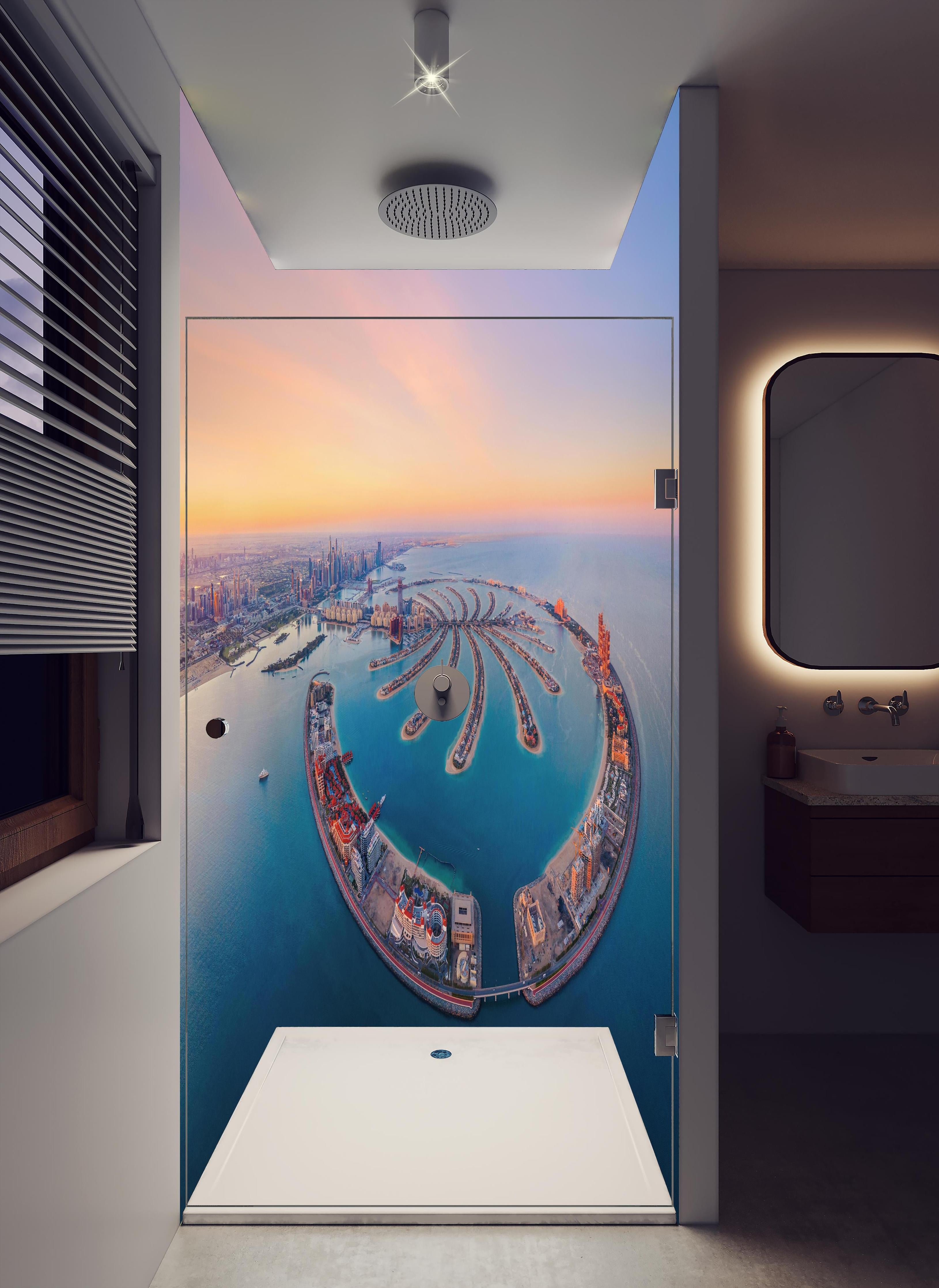 Duschrückwand - Luftaufnahme von Palm Jumeirah in hellem Badezimmer mit Regenduschkopf - zweiteilige Eck-Duschrückwand