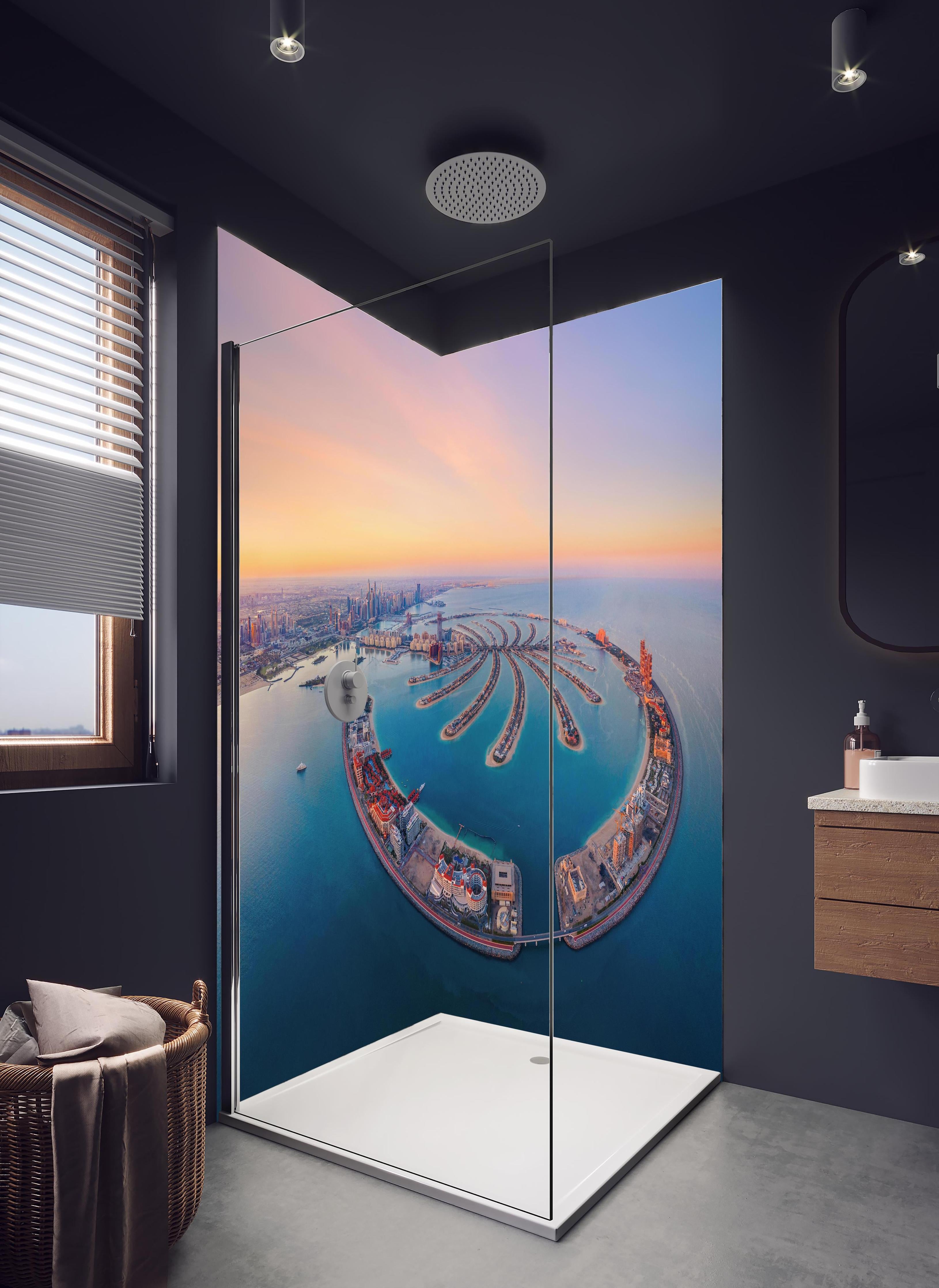 Duschrückwand - Luftaufnahme von Palm Jumeirah in hellem Badezimmer mit Regenduschkopf - zweiteilige Eck-Duschrückwand
