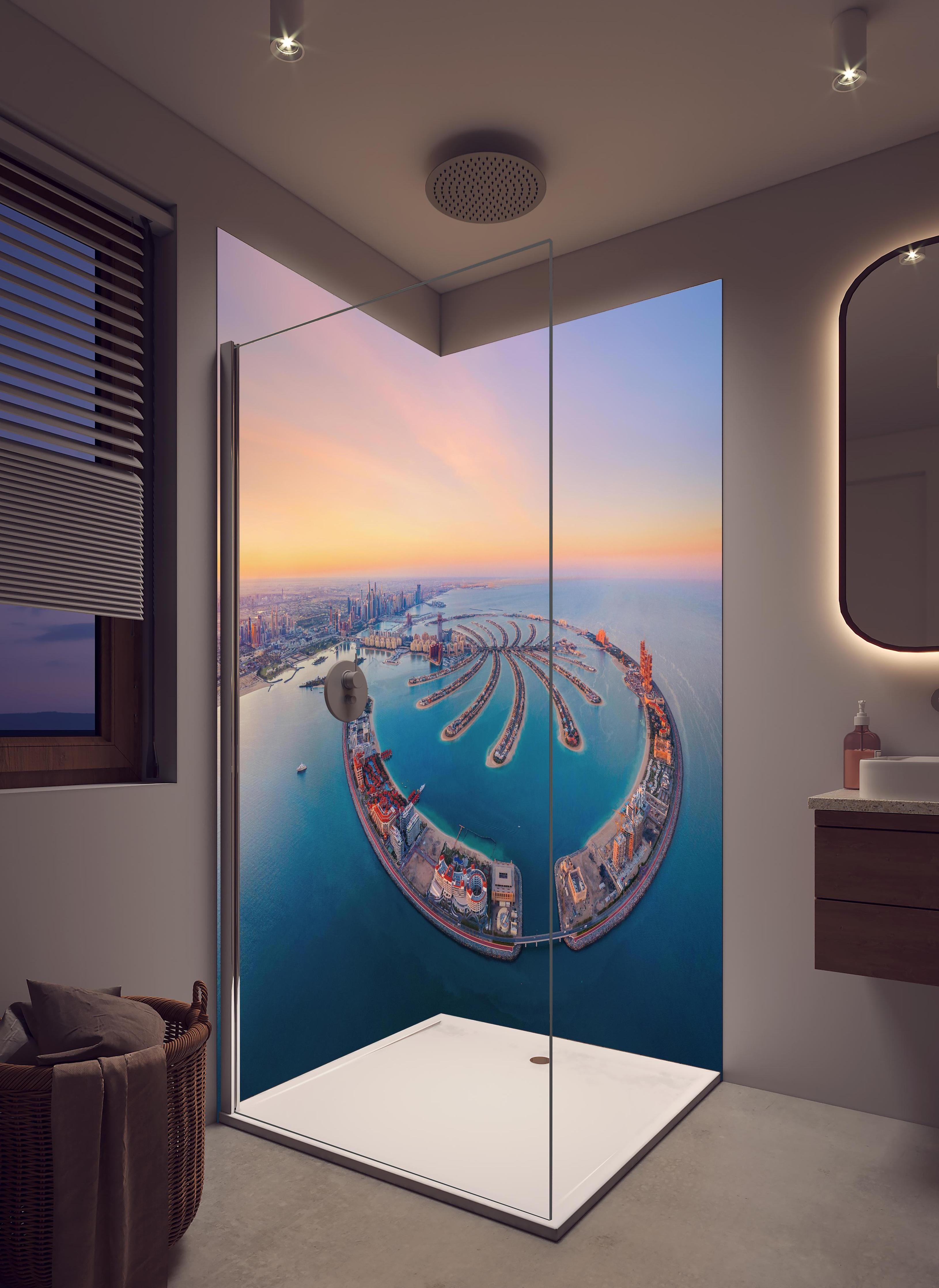 Duschrückwand - Luftaufnahme von Palm Jumeirah in hellem Badezimmer mit Regenduschkopf - zweiteilige Eck-Duschrückwand