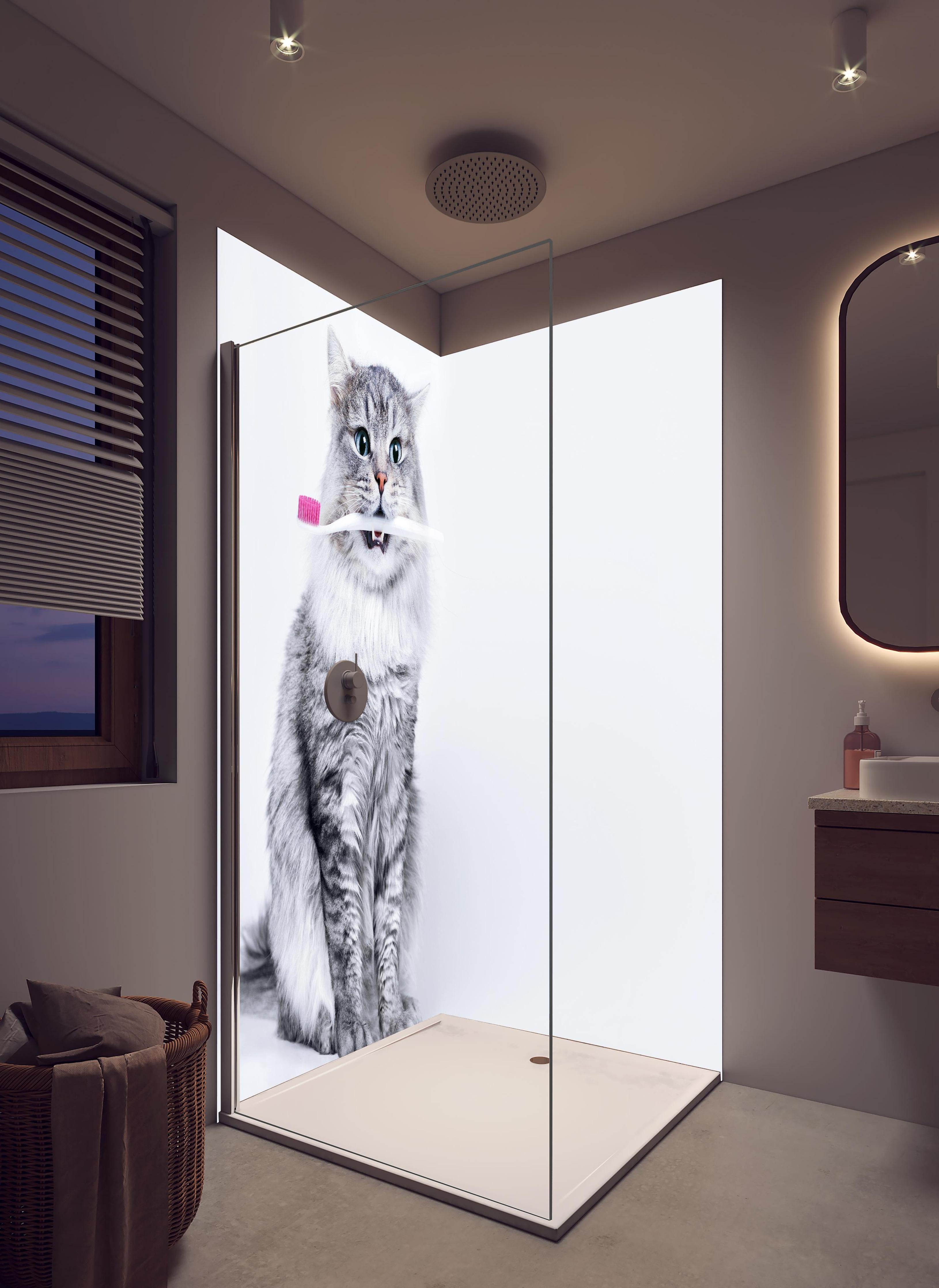 Duschrückwand - Lustige Katze mit Zahnbürste in hellem Badezimmer mit Regenduschkopf - zweiteilige Eck-Duschrückwand