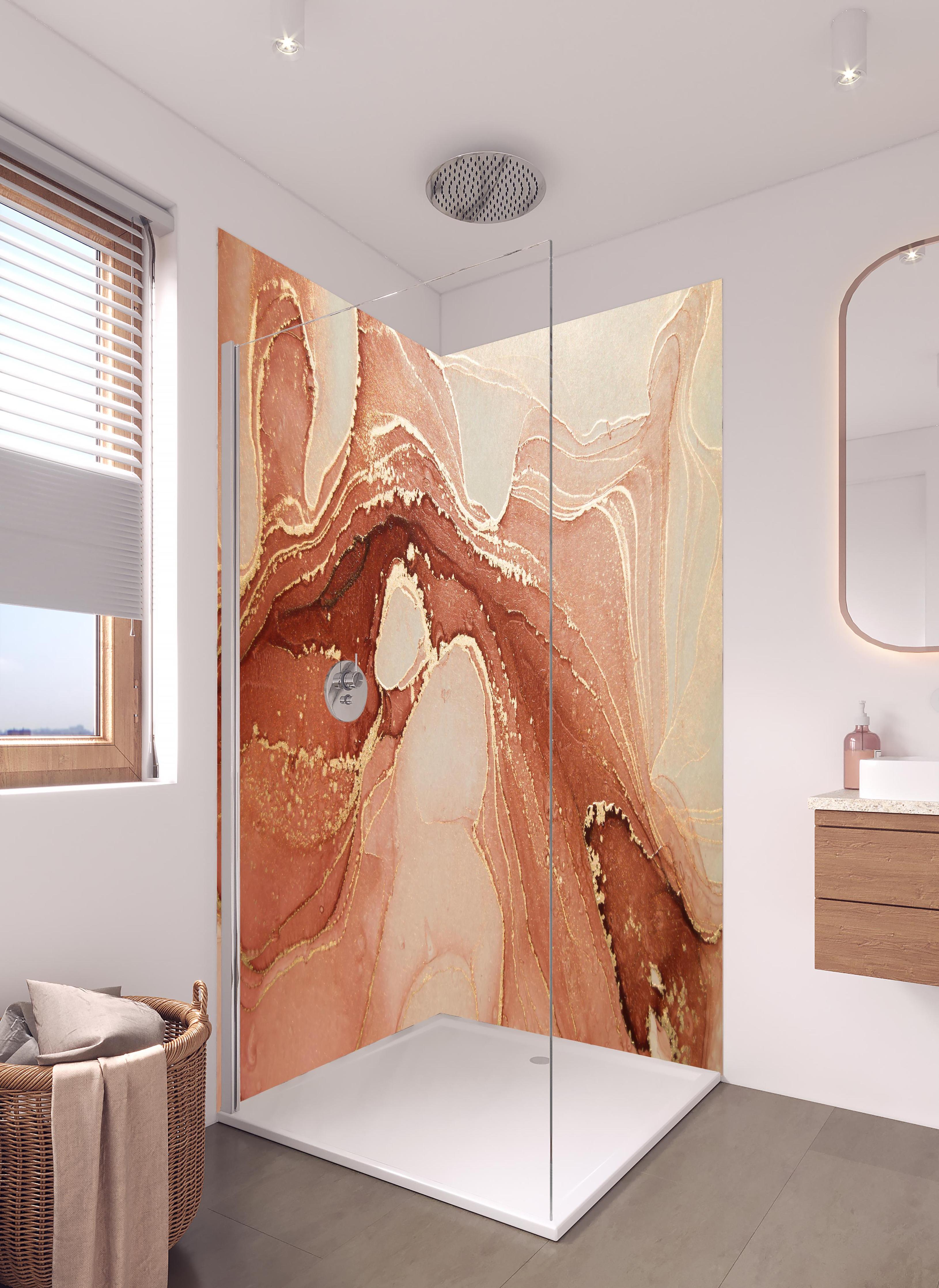 Duschrückwand - Luxuriöse Darstellung durch flüssige Kunst in hellem Badezimmer mit Regenduschkopf - zweiteilige Eck-Duschrückwand