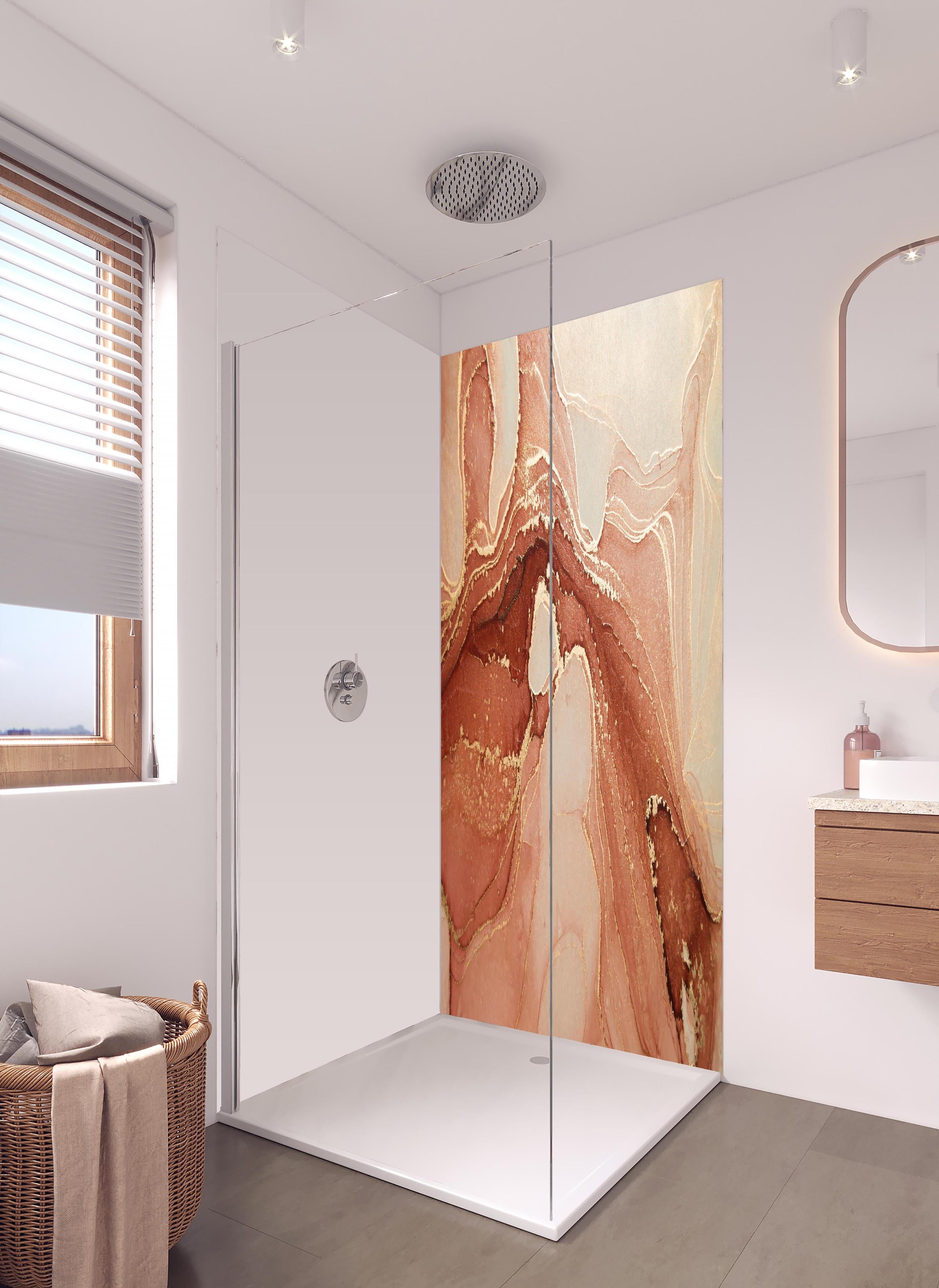 Duschrückwand - Luxuriöse Darstellung durch flüssige Kunst in hellem Badezimmer mit Regenduschkopf - zweiteilige Eck-Duschrückwand
