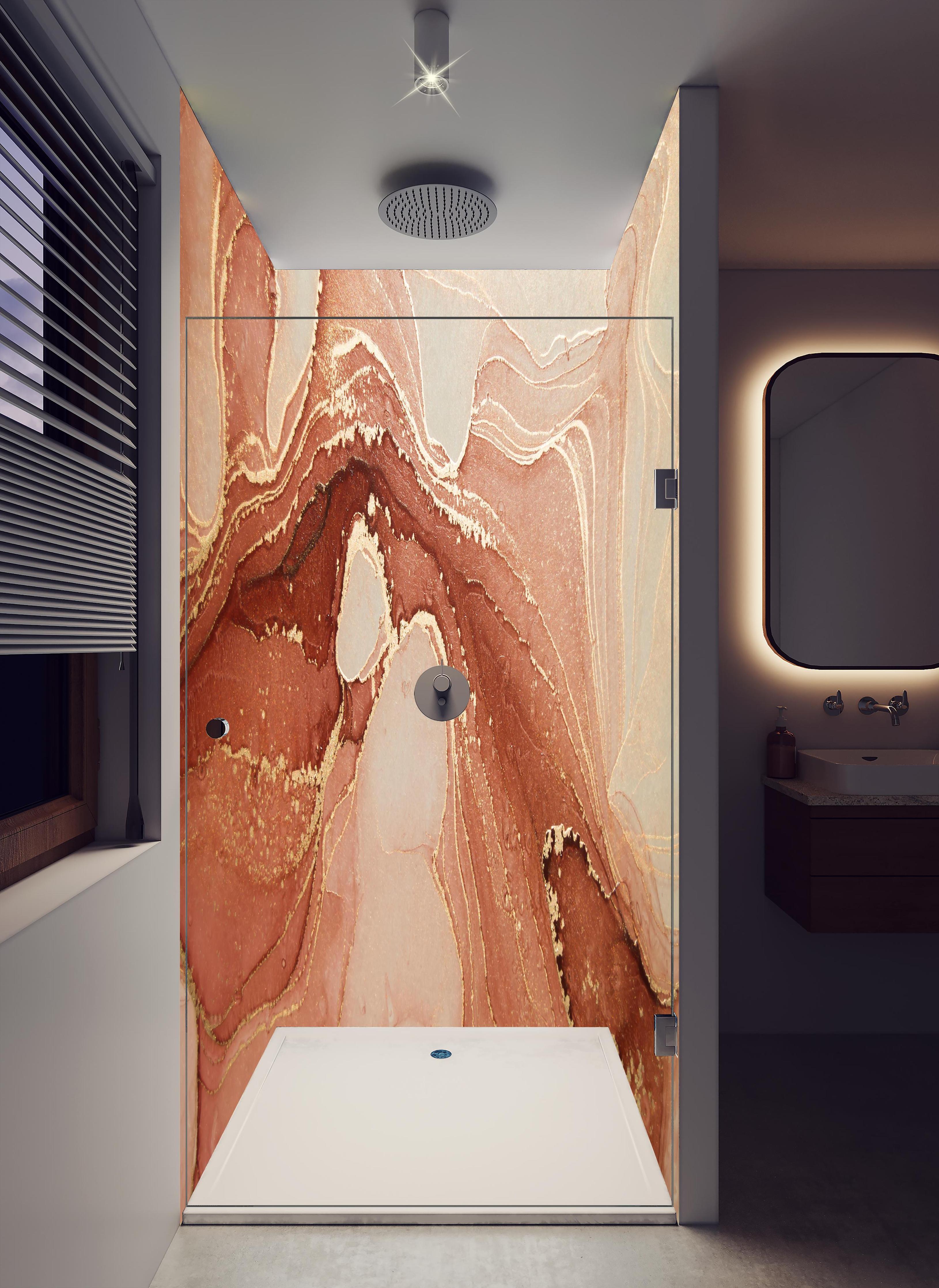 Duschrückwand - Luxuriöse Darstellung durch flüssige Kunst in hellem Badezimmer mit Regenduschkopf - zweiteilige Eck-Duschrückwand