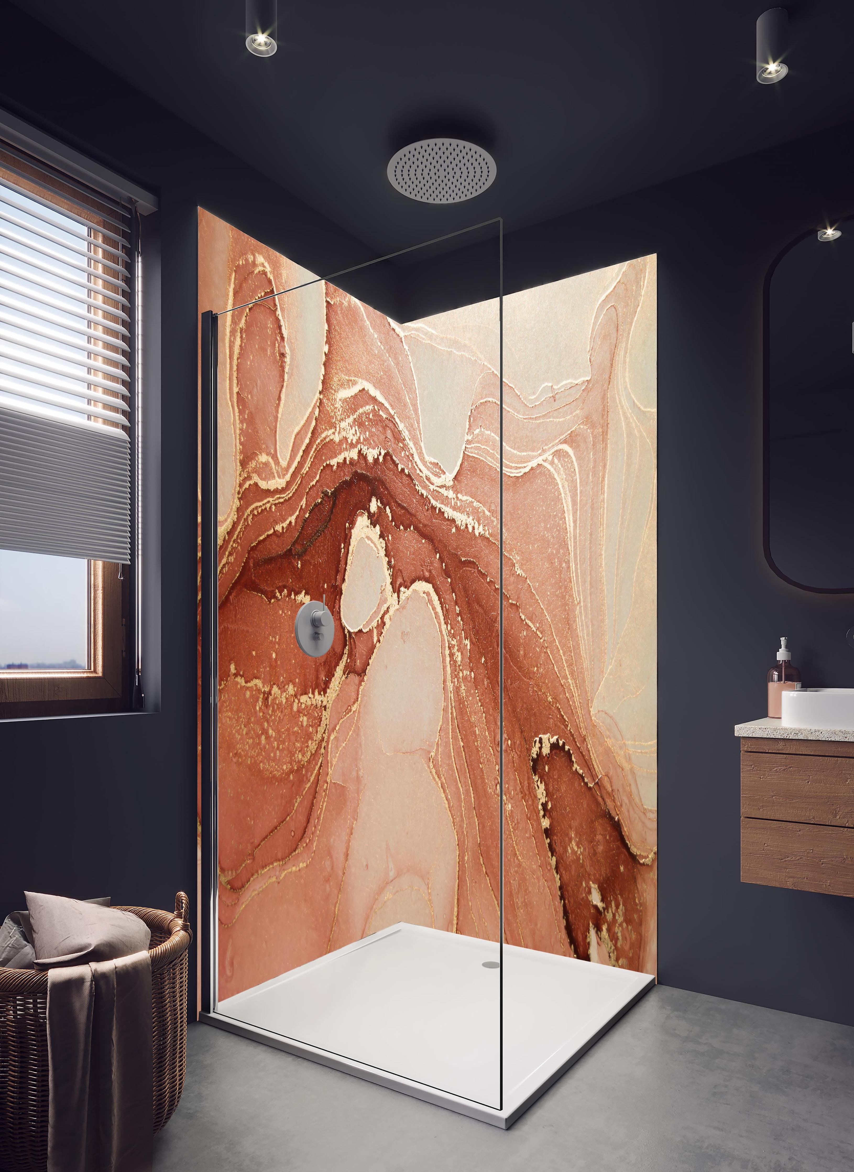 Duschrückwand - Luxuriöse Darstellung durch flüssige Kunst in hellem Badezimmer mit Regenduschkopf - zweiteilige Eck-Duschrückwand