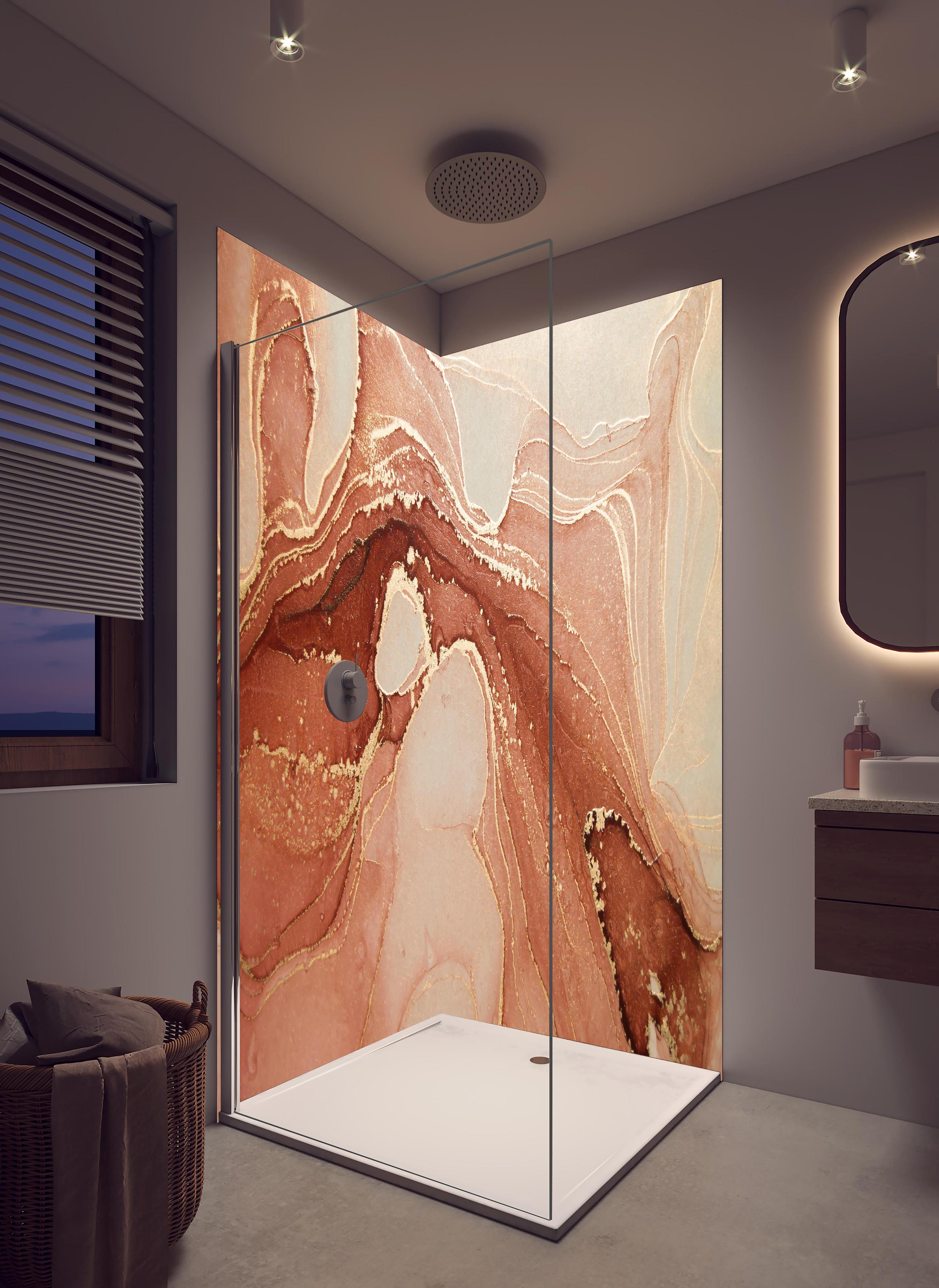 Duschrückwand - Luxuriöse Darstellung durch flüssige Kunst in hellem Badezimmer mit Regenduschkopf - zweiteilige Eck-Duschrückwand