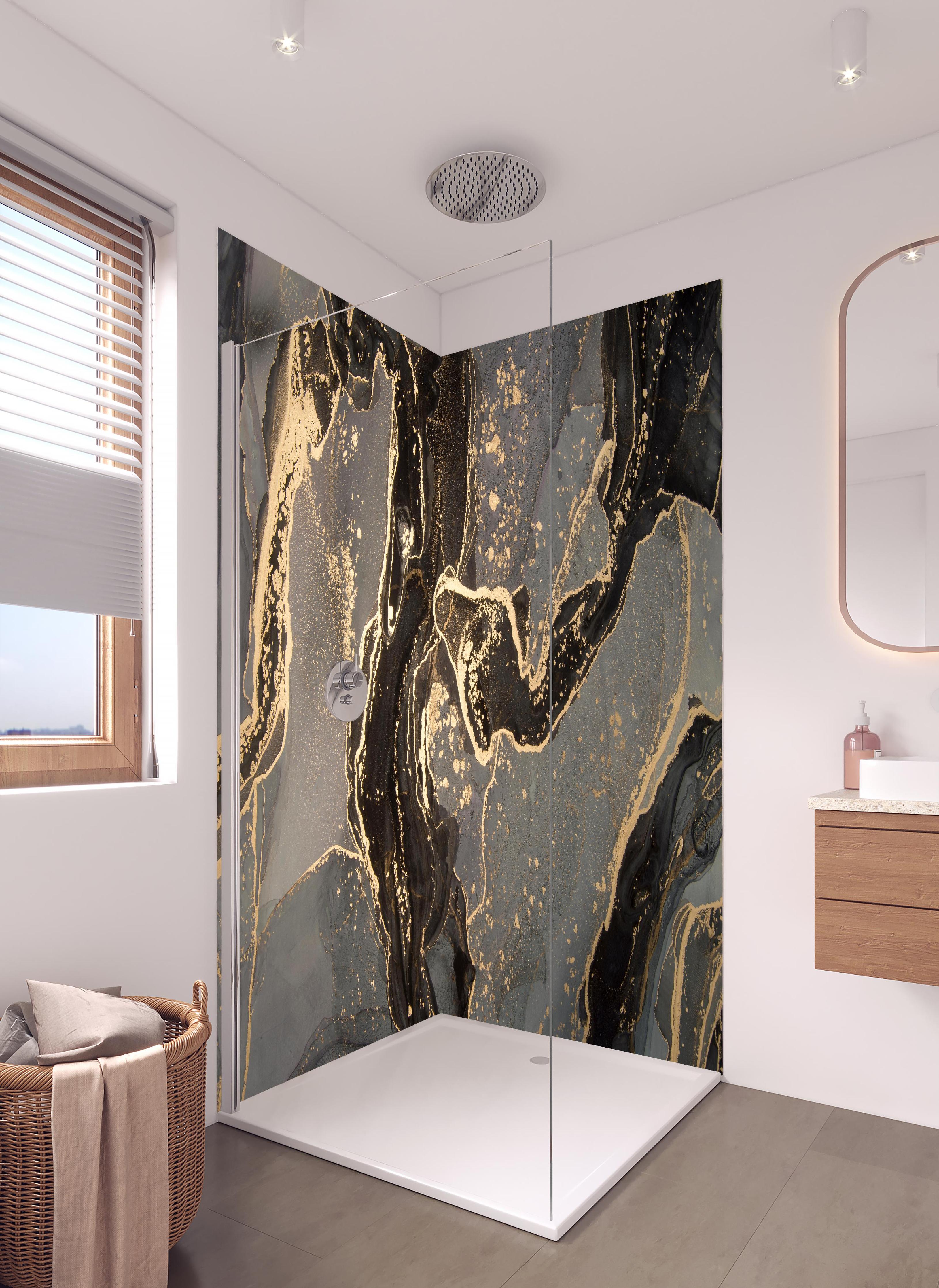 Duschrückwand - Luxuriöse abstrakte Flüssigkunstmalerei in hellem Badezimmer mit Regenduschkopf - zweiteilige Eck-Duschrückwand