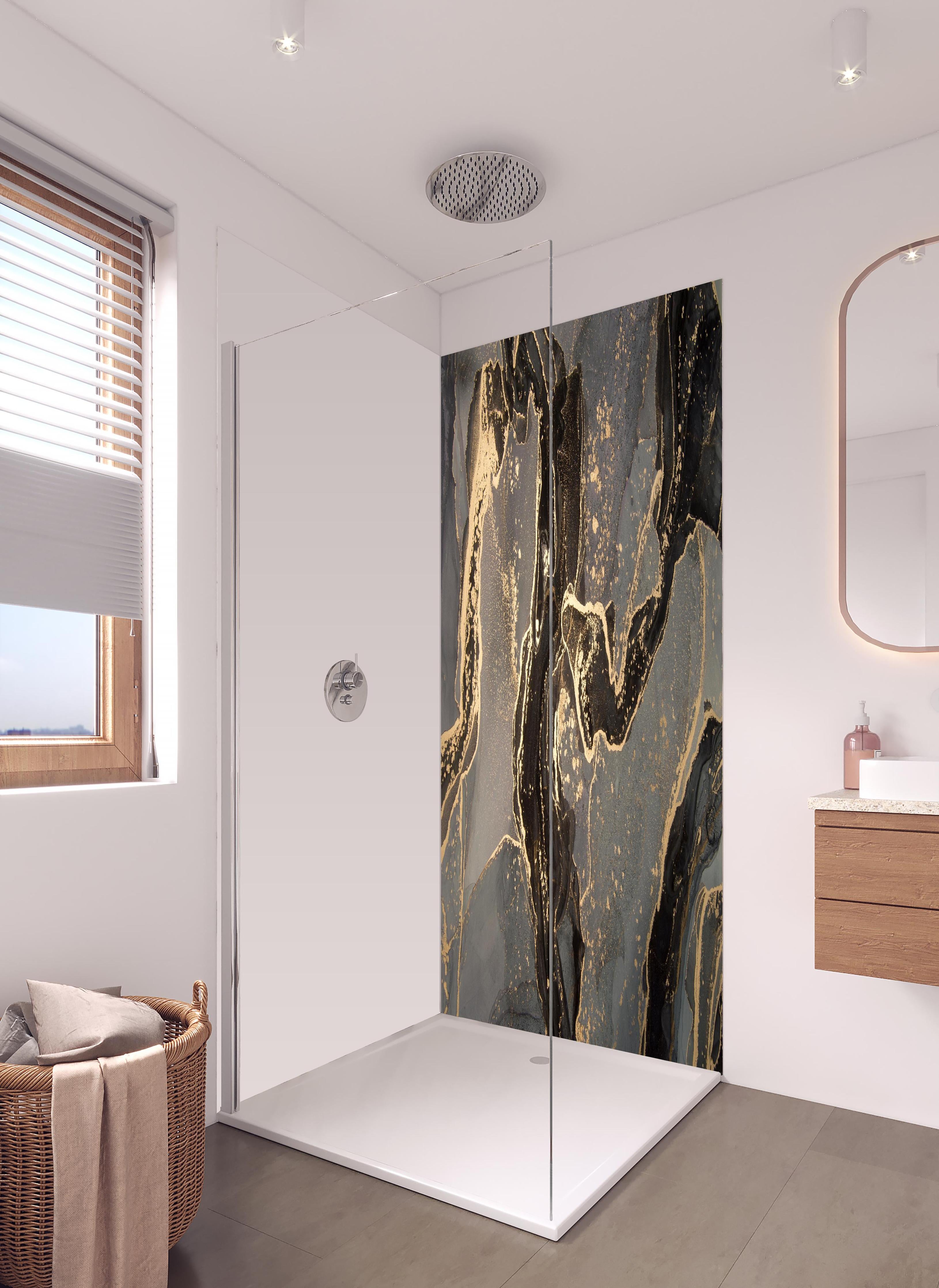 Duschrückwand - Luxuriöse abstrakte Flüssigkunstmalerei in hellem Badezimmer mit Regenduschkopf - zweiteilige Eck-Duschrückwand