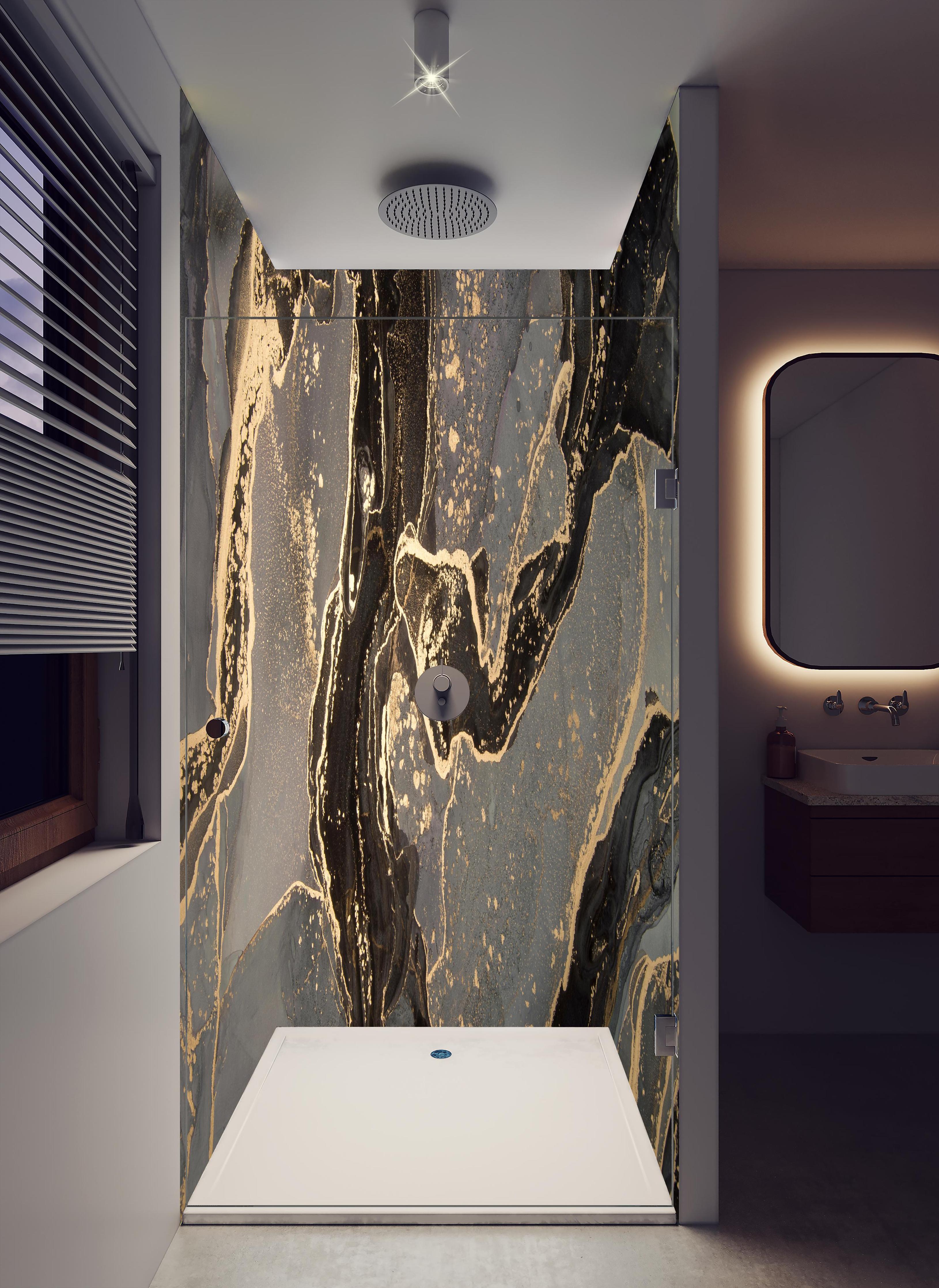 Duschrückwand - Luxuriöse abstrakte Flüssigkunstmalerei in hellem Badezimmer mit Regenduschkopf - zweiteilige Eck-Duschrückwand