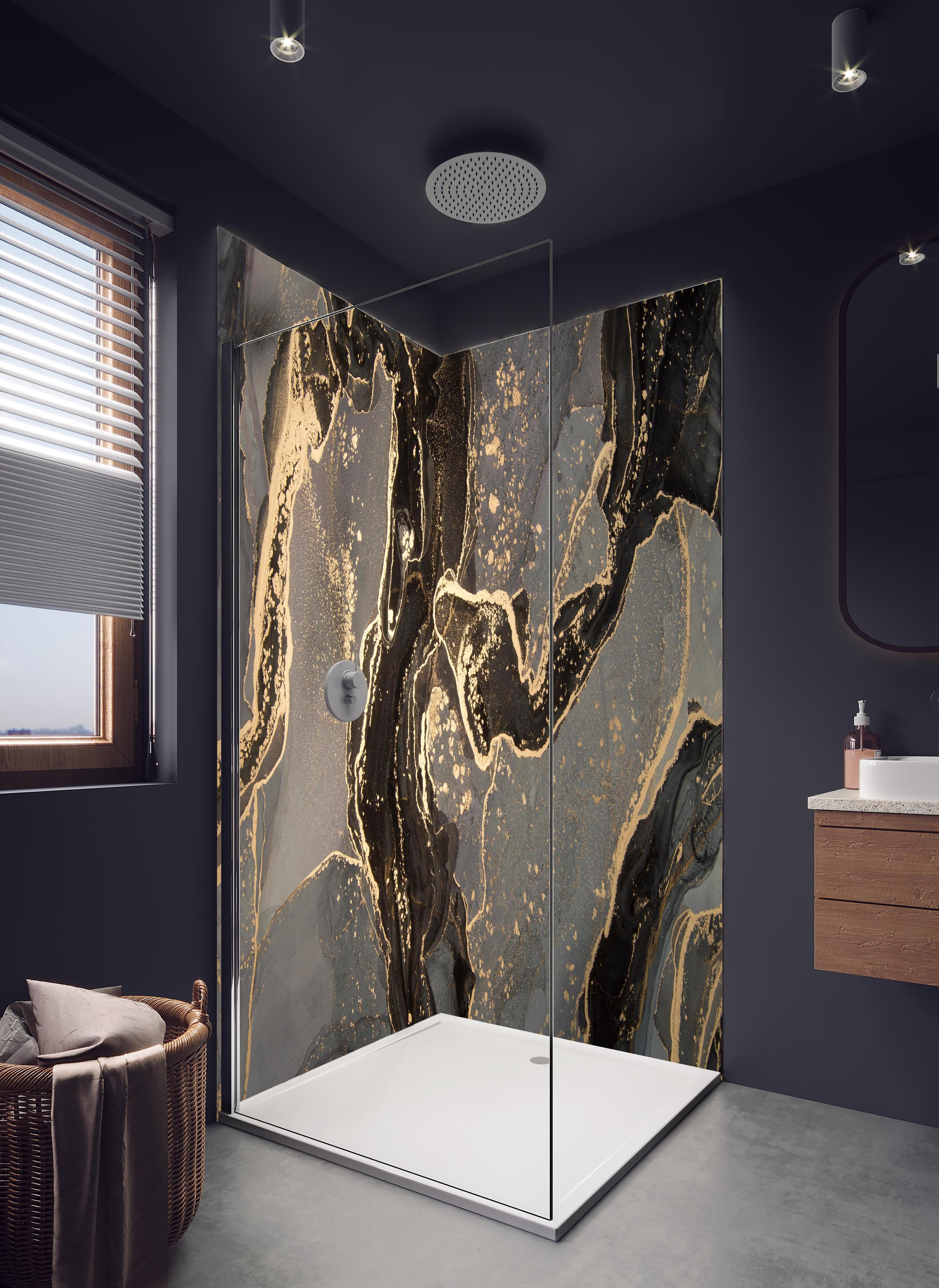 Duschrückwand - Luxuriöse abstrakte Flüssigkunstmalerei in hellem Badezimmer mit Regenduschkopf - zweiteilige Eck-Duschrückwand