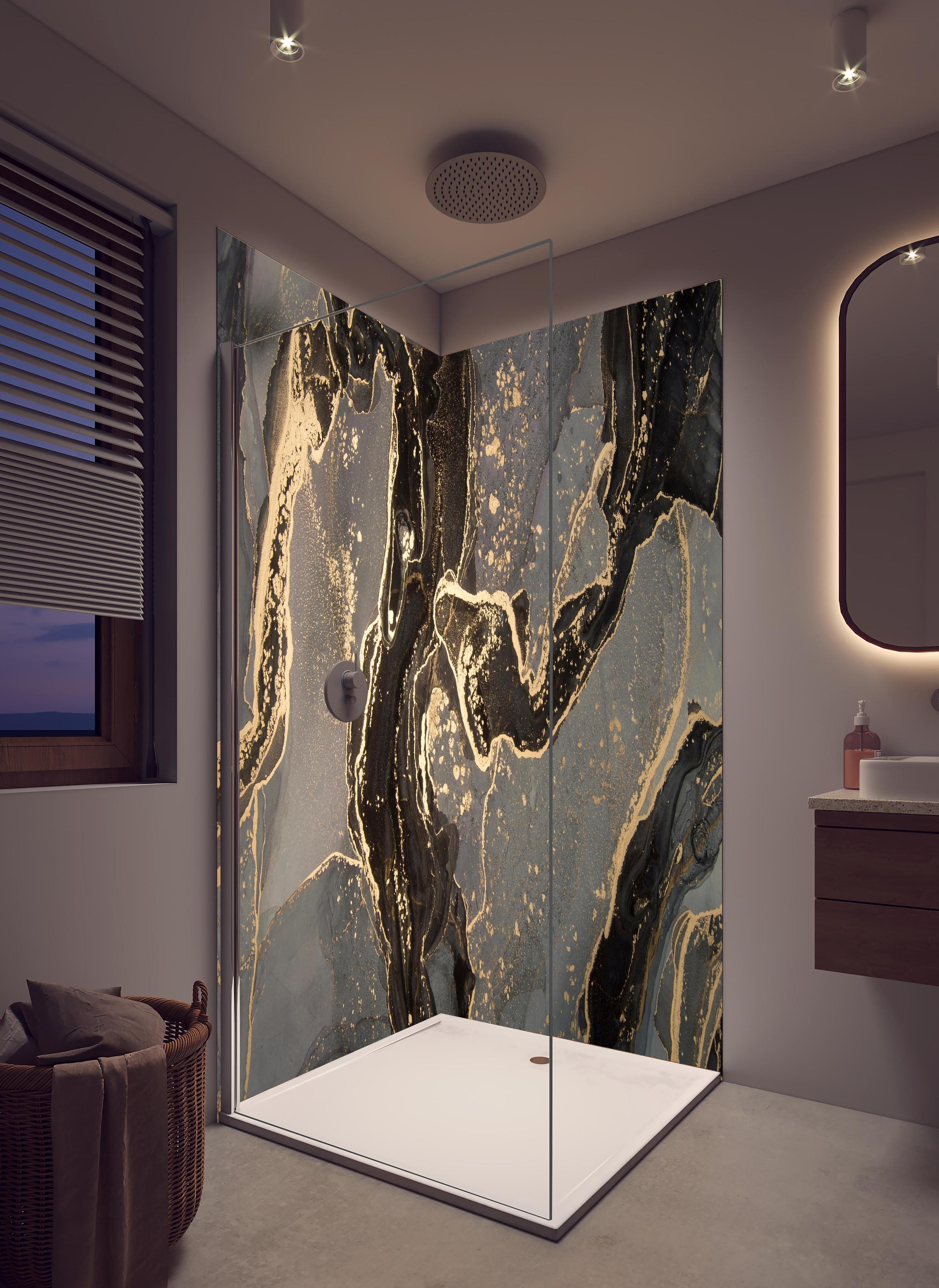 Duschrückwand - Luxuriöse abstrakte Flüssigkunstmalerei in hellem Badezimmer mit Regenduschkopf - zweiteilige Eck-Duschrückwand