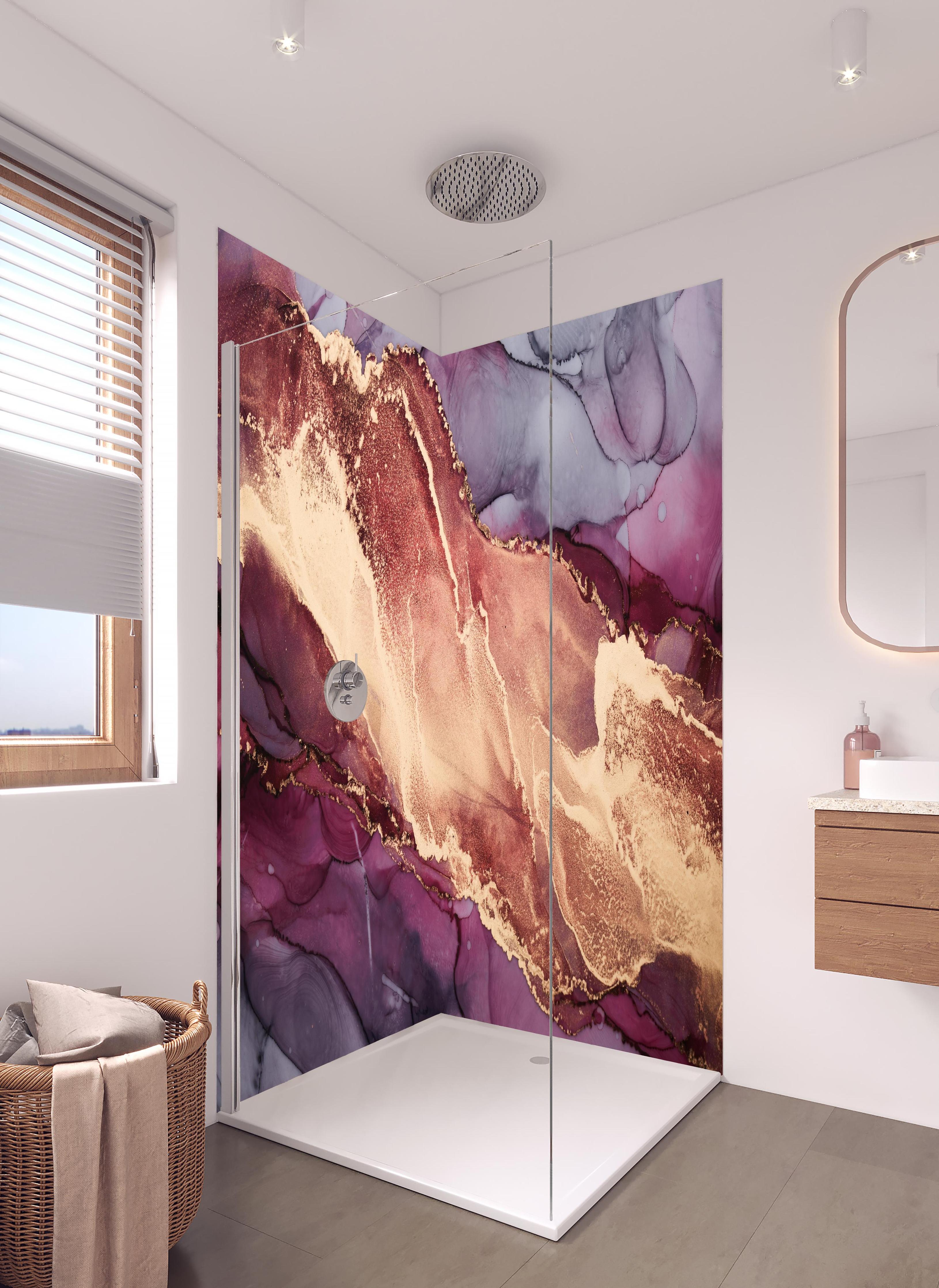 Duschrückwand - Luxuriöser Hintergrund - Alkoholtuschetechnik in hellem Badezimmer mit Regenduschkopf - zweiteilige Eck-Duschrückwand