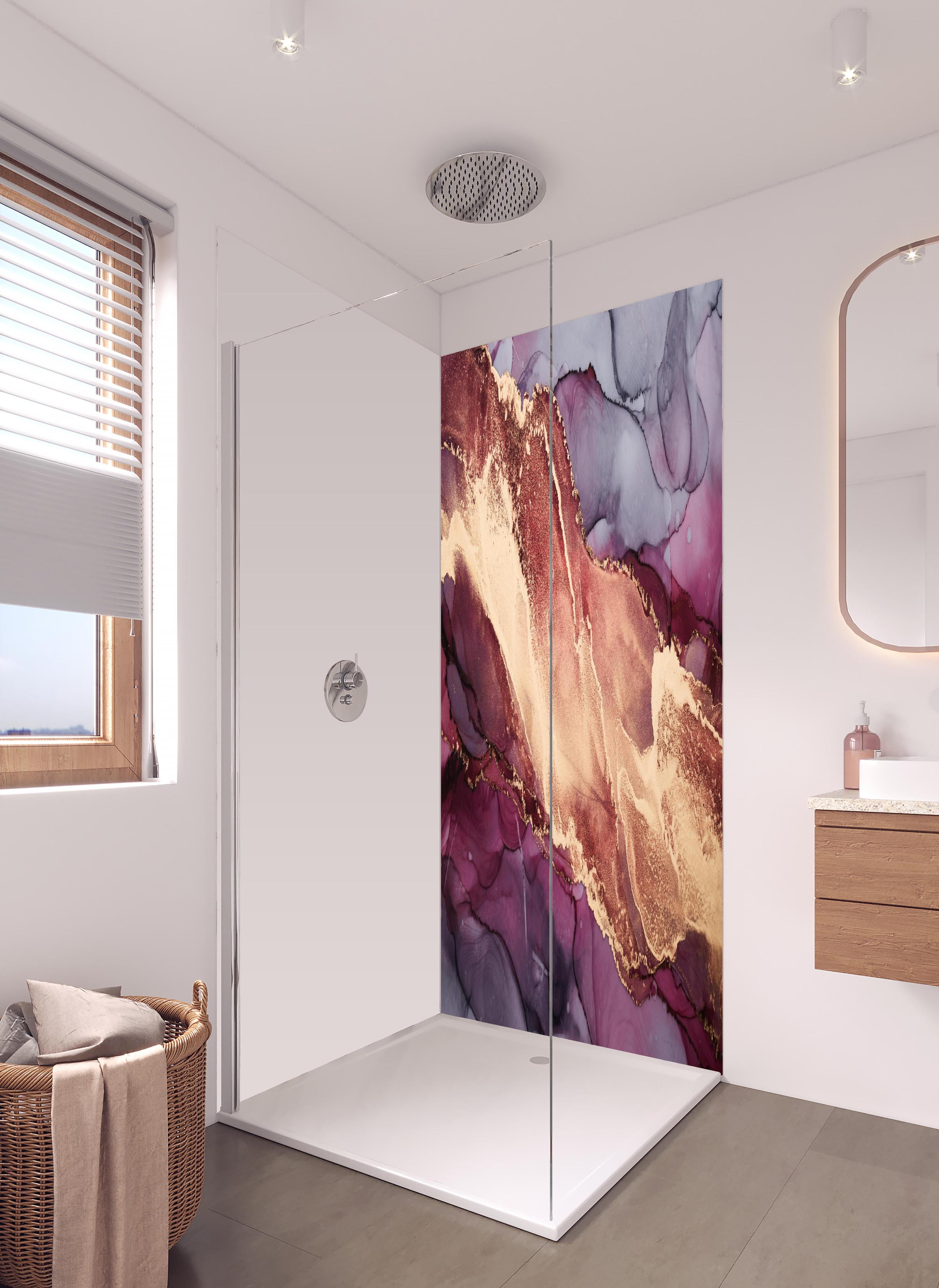 Duschrückwand - Luxuriöser Hintergrund - Alkoholtuschetechnik in hellem Badezimmer mit Regenduschkopf - zweiteilige Eck-Duschrückwand