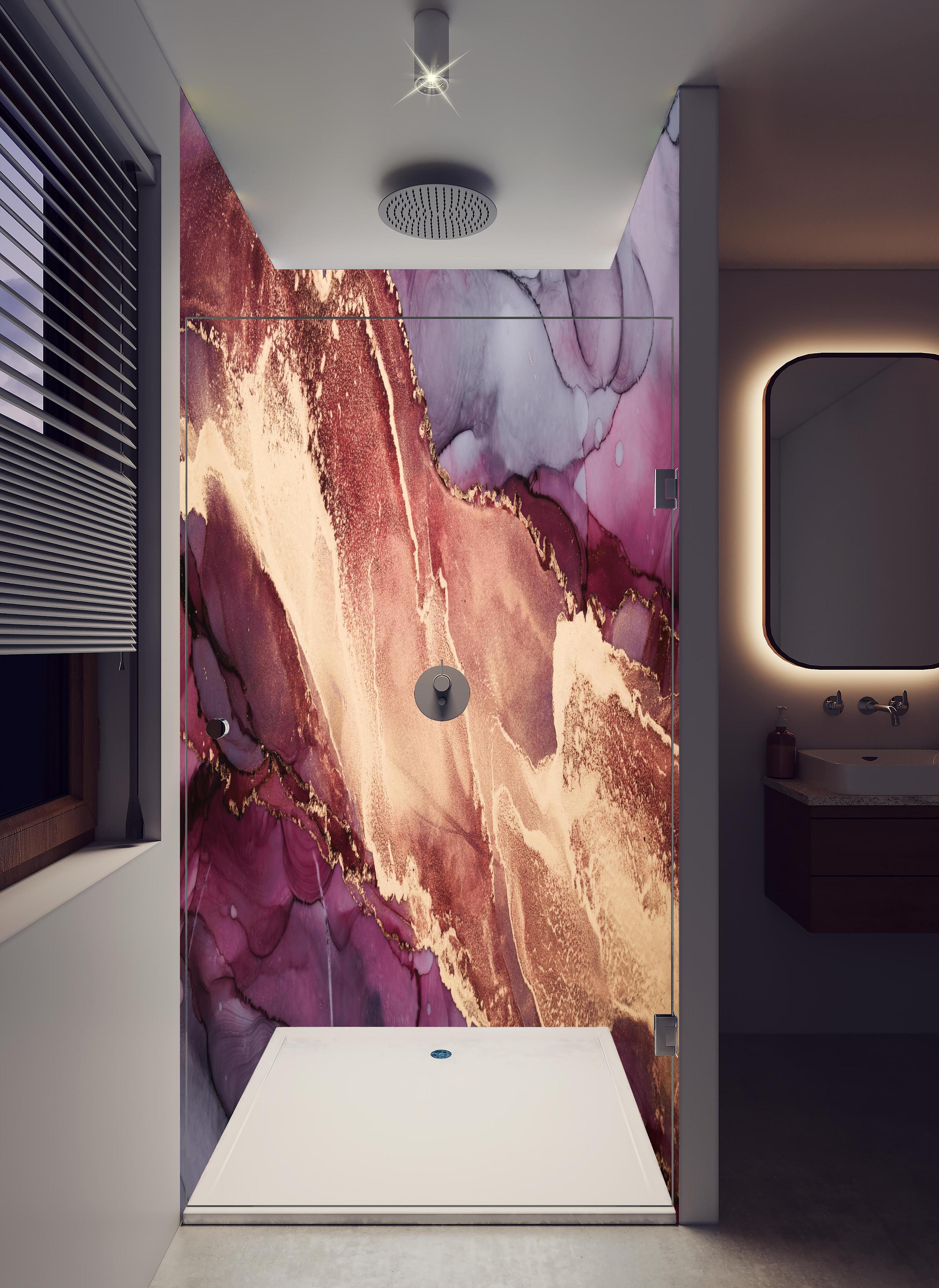 Duschrückwand - Luxuriöser Hintergrund - Alkoholtuschetechnik in hellem Badezimmer mit Regenduschkopf - zweiteilige Eck-Duschrückwand