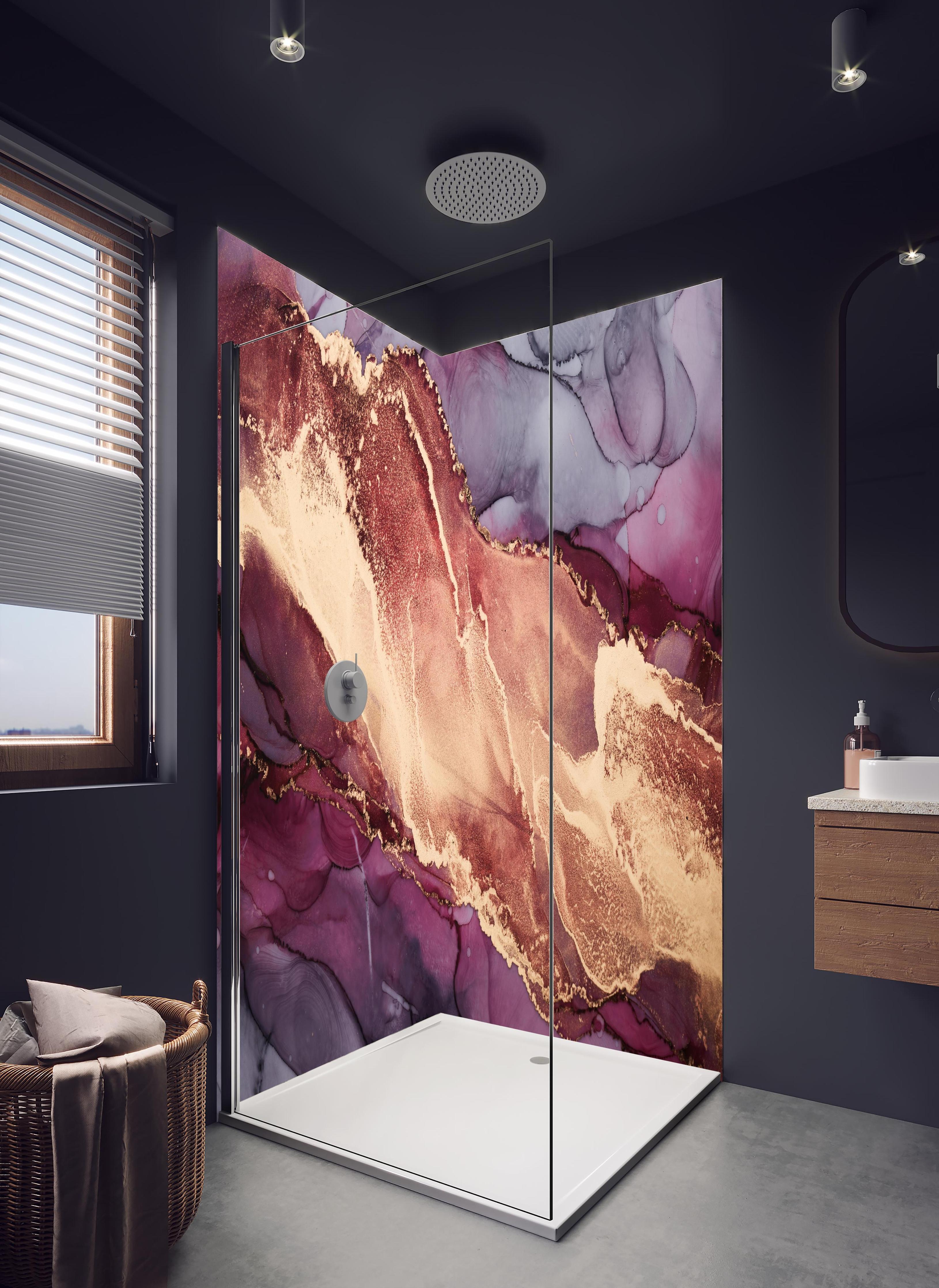 Duschrückwand - Luxuriöser Hintergrund - Alkoholtuschetechnik in hellem Badezimmer mit Regenduschkopf - zweiteilige Eck-Duschrückwand