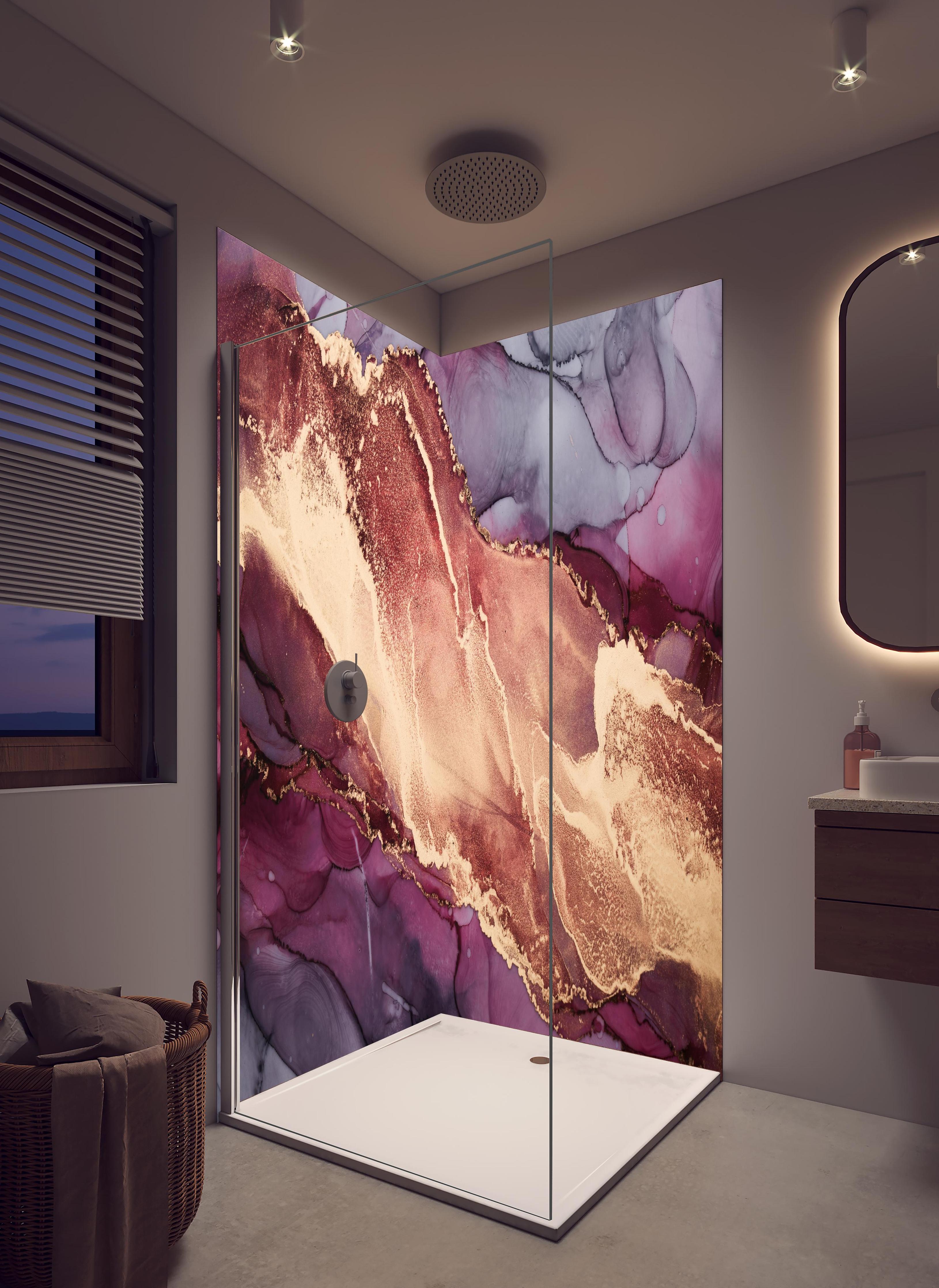 Duschrückwand - Luxuriöser Hintergrund - Alkoholtuschetechnik in hellem Badezimmer mit Regenduschkopf - zweiteilige Eck-Duschrückwand