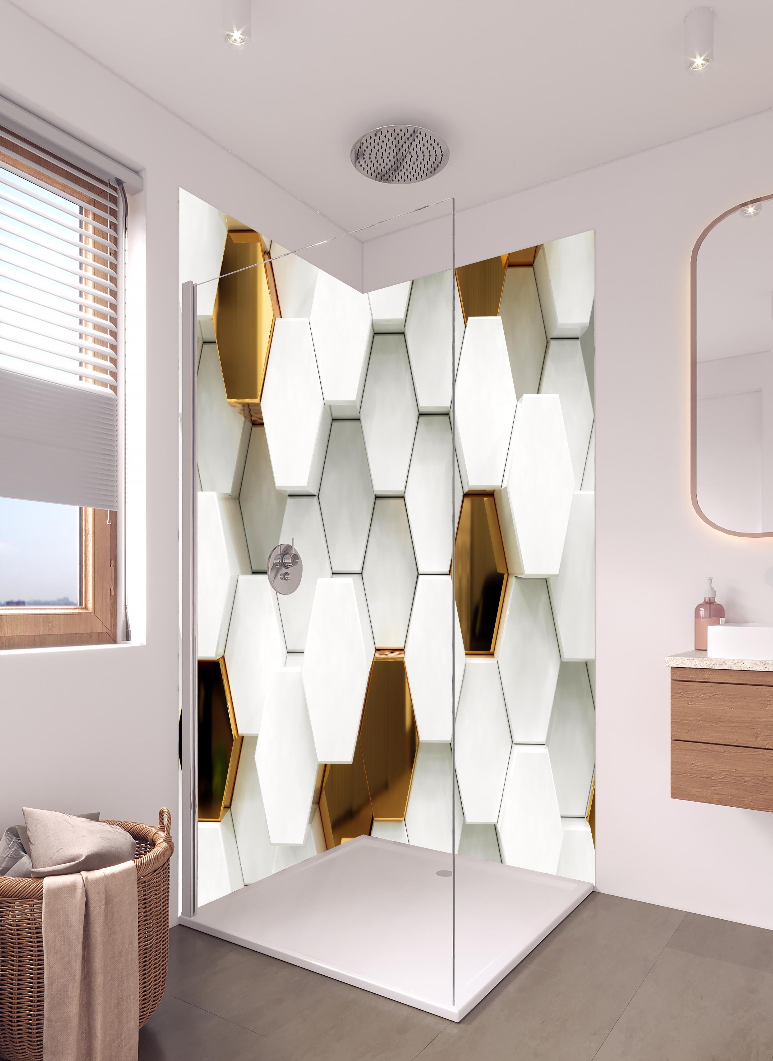 Duschrückwand - Luxuriöses Sechseck Muster in hellem Badezimmer mit Regenduschkopf - zweiteilige Eck-Duschrückwand