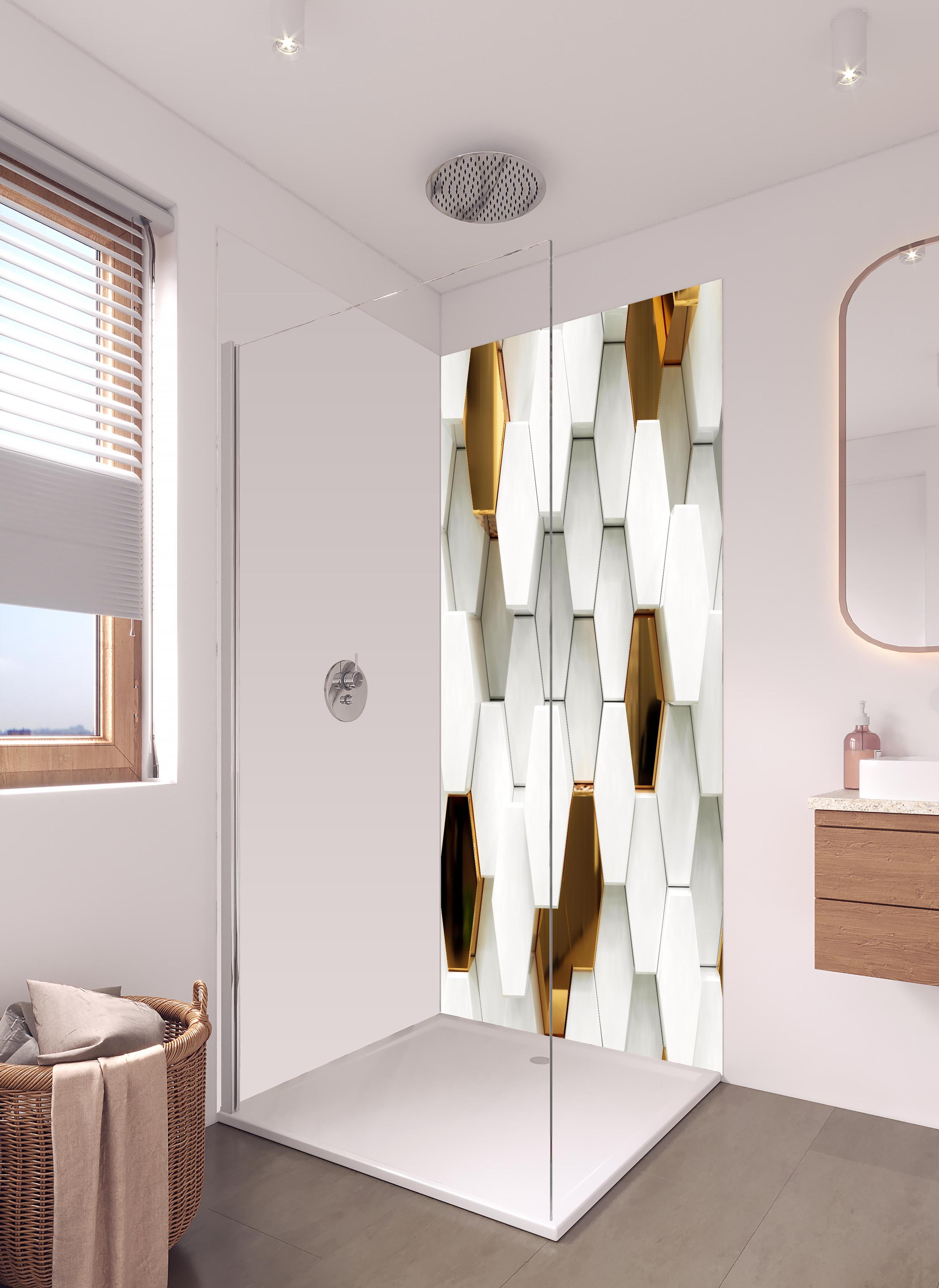 Duschrückwand - Luxuriöses Sechseck Muster in hellem Badezimmer mit Regenduschkopf - zweiteilige Eck-Duschrückwand