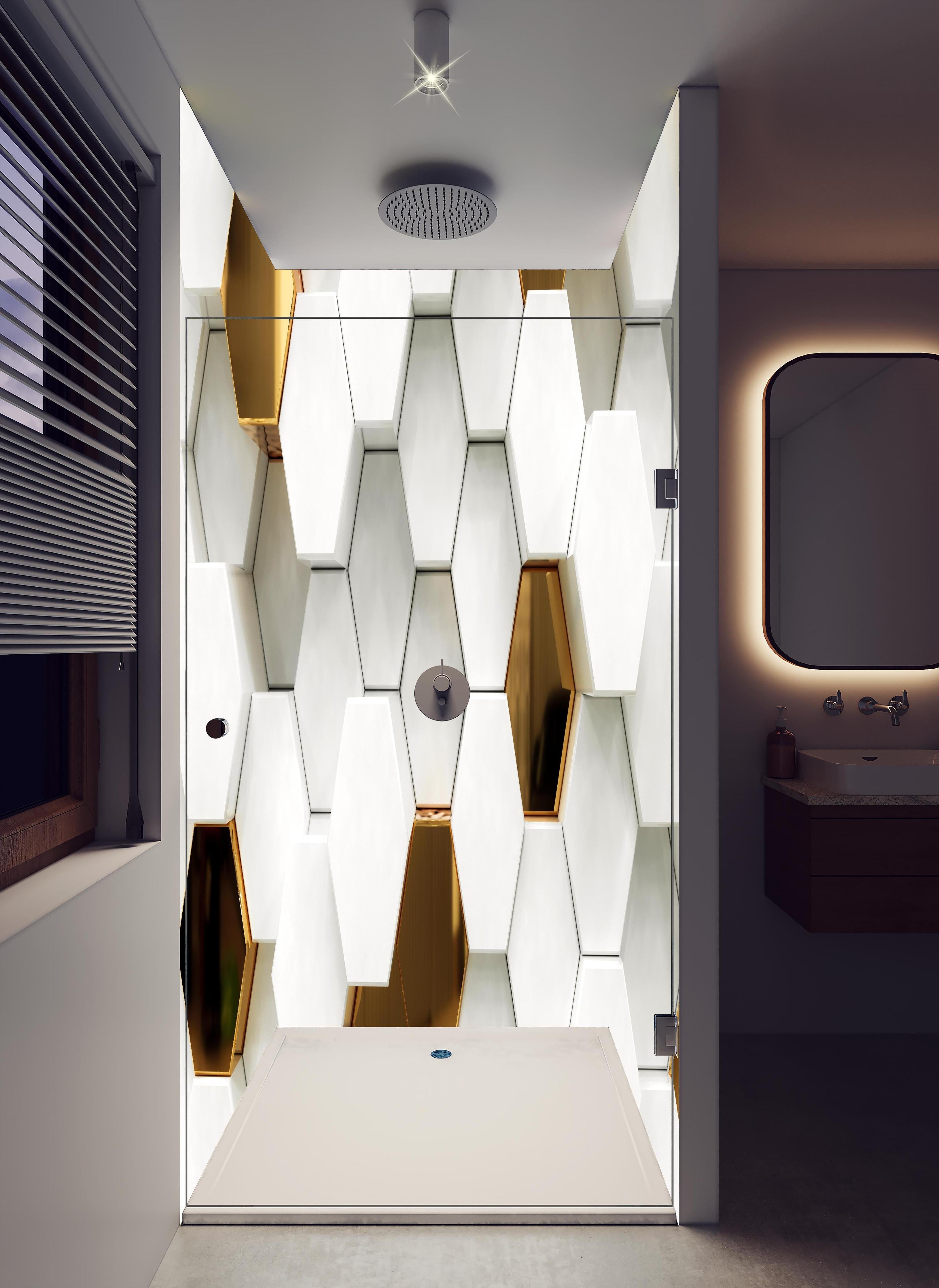 Duschrückwand - Luxuriöses Sechseck Muster in hellem Badezimmer mit Regenduschkopf - zweiteilige Eck-Duschrückwand