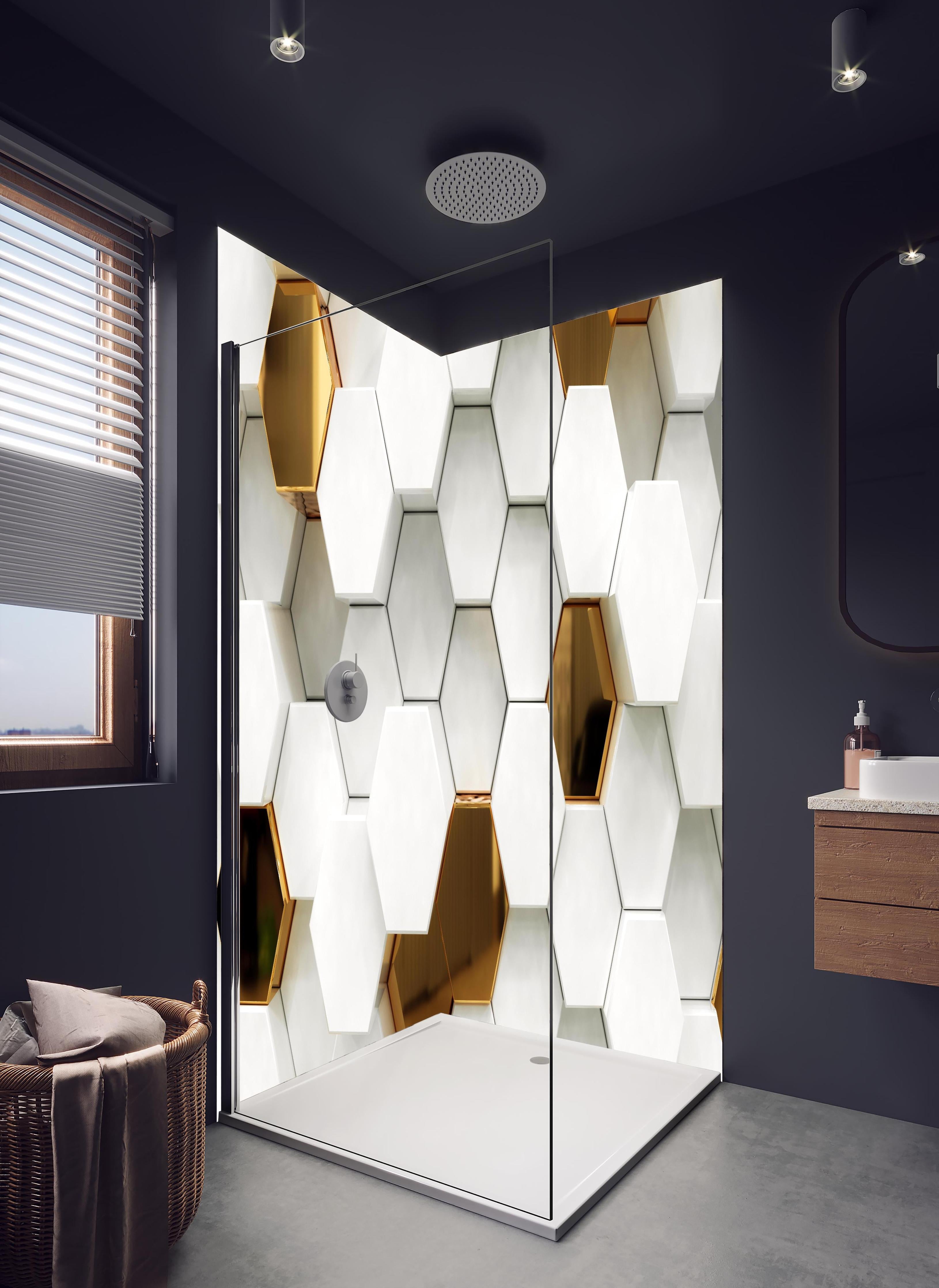 Duschrückwand - Luxuriöses Sechseck Muster in hellem Badezimmer mit Regenduschkopf - zweiteilige Eck-Duschrückwand