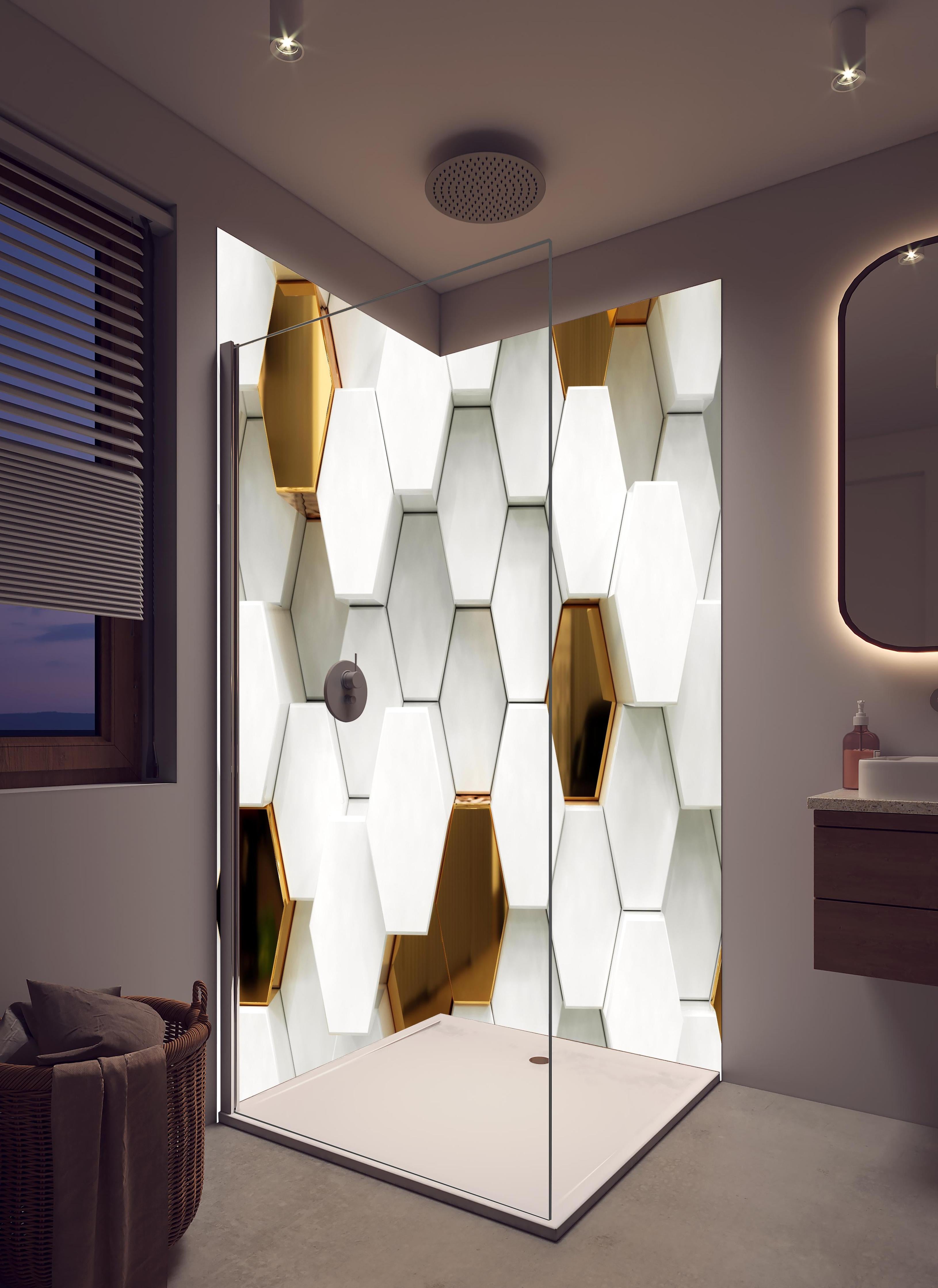 Duschrückwand - Luxuriöses Sechseck Muster in hellem Badezimmer mit Regenduschkopf - zweiteilige Eck-Duschrückwand