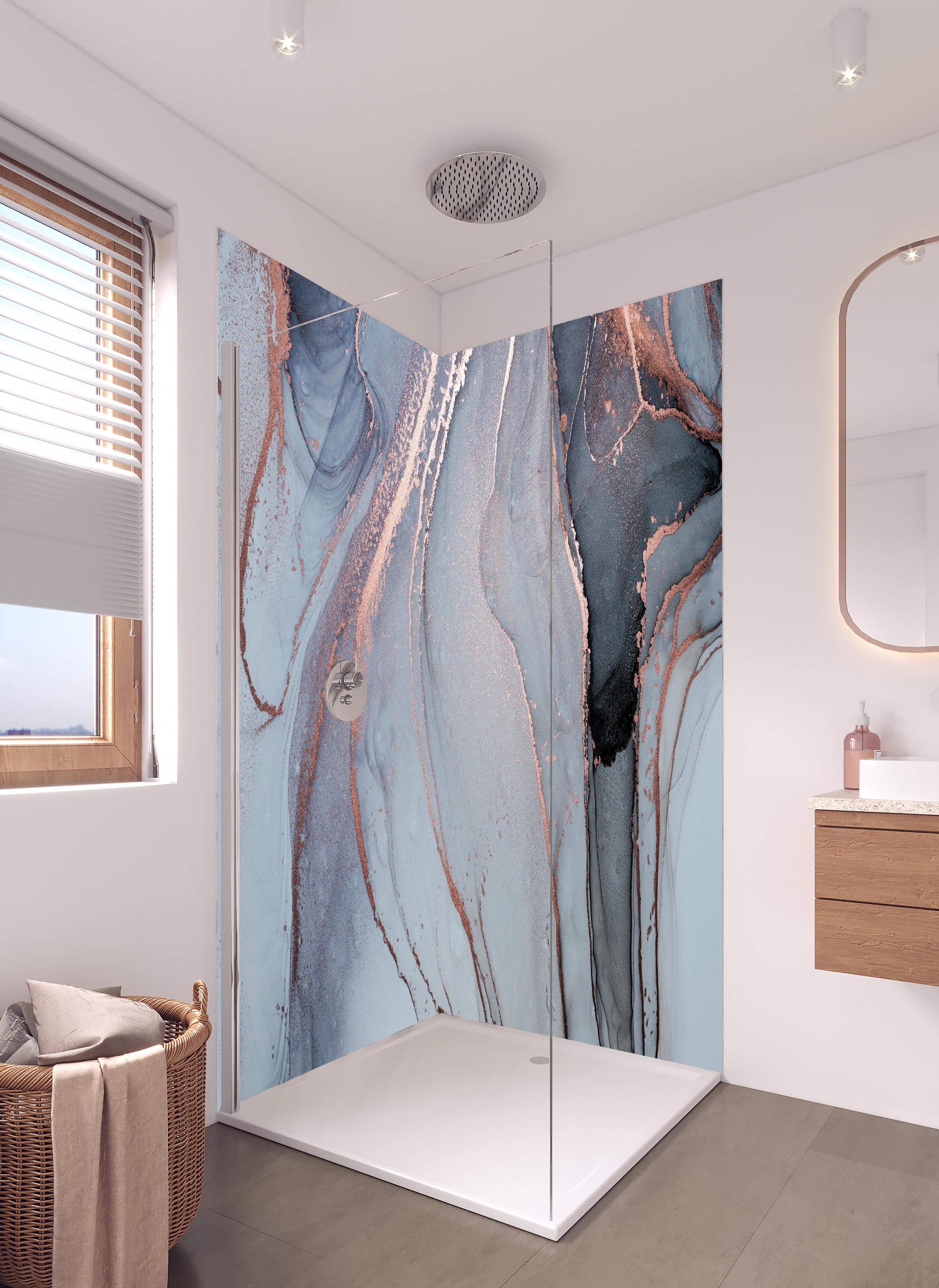 Duschrückwand - Luxus Flüssigkunstmalerei - Alkoholtechnik in hellem Badezimmer mit Regenduschkopf - zweiteilige Eck-Duschrückwand