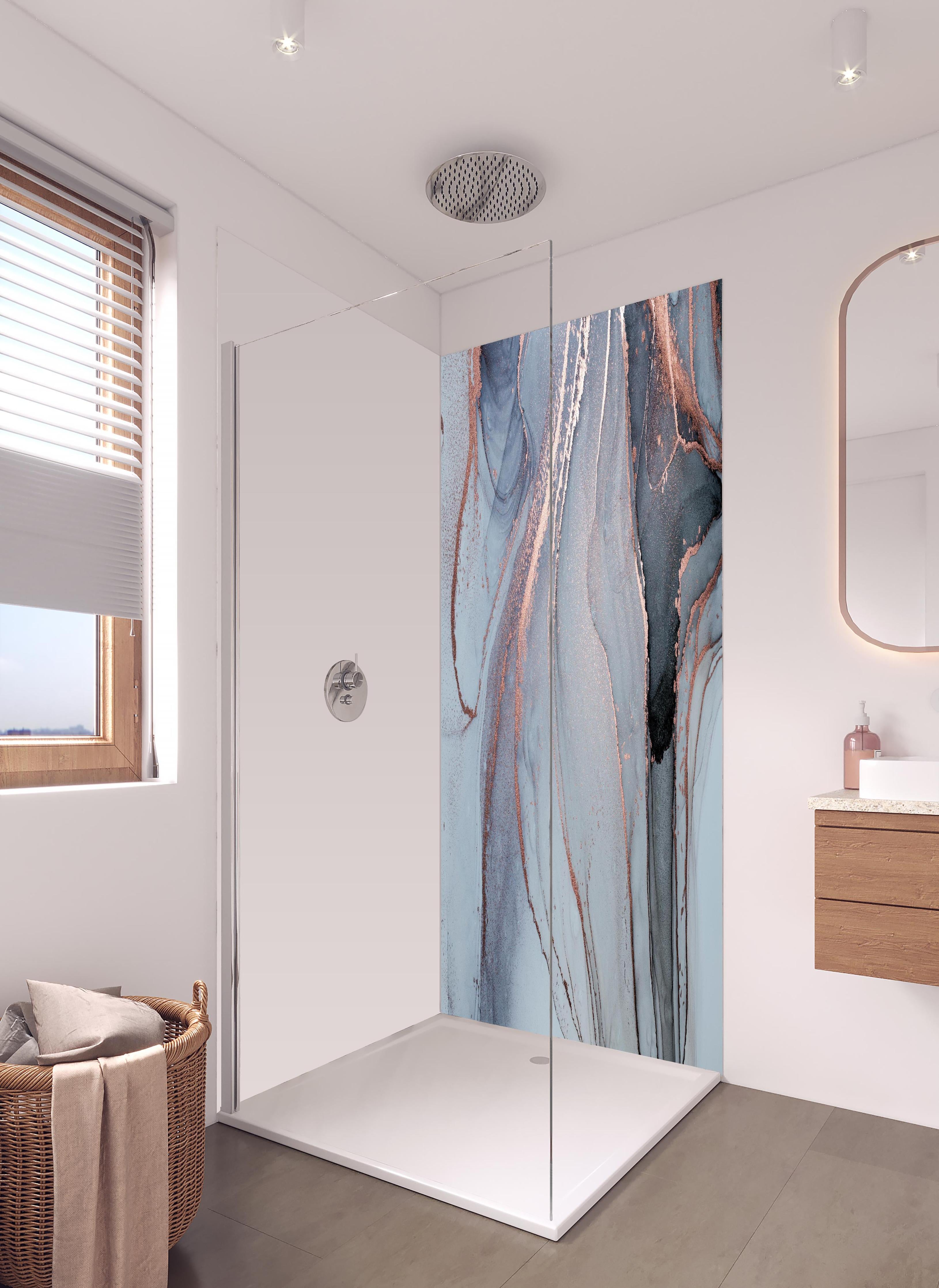 Duschrückwand - Luxus Flüssigkunstmalerei - Alkoholtechnik in hellem Badezimmer mit Regenduschkopf - zweiteilige Eck-Duschrückwand