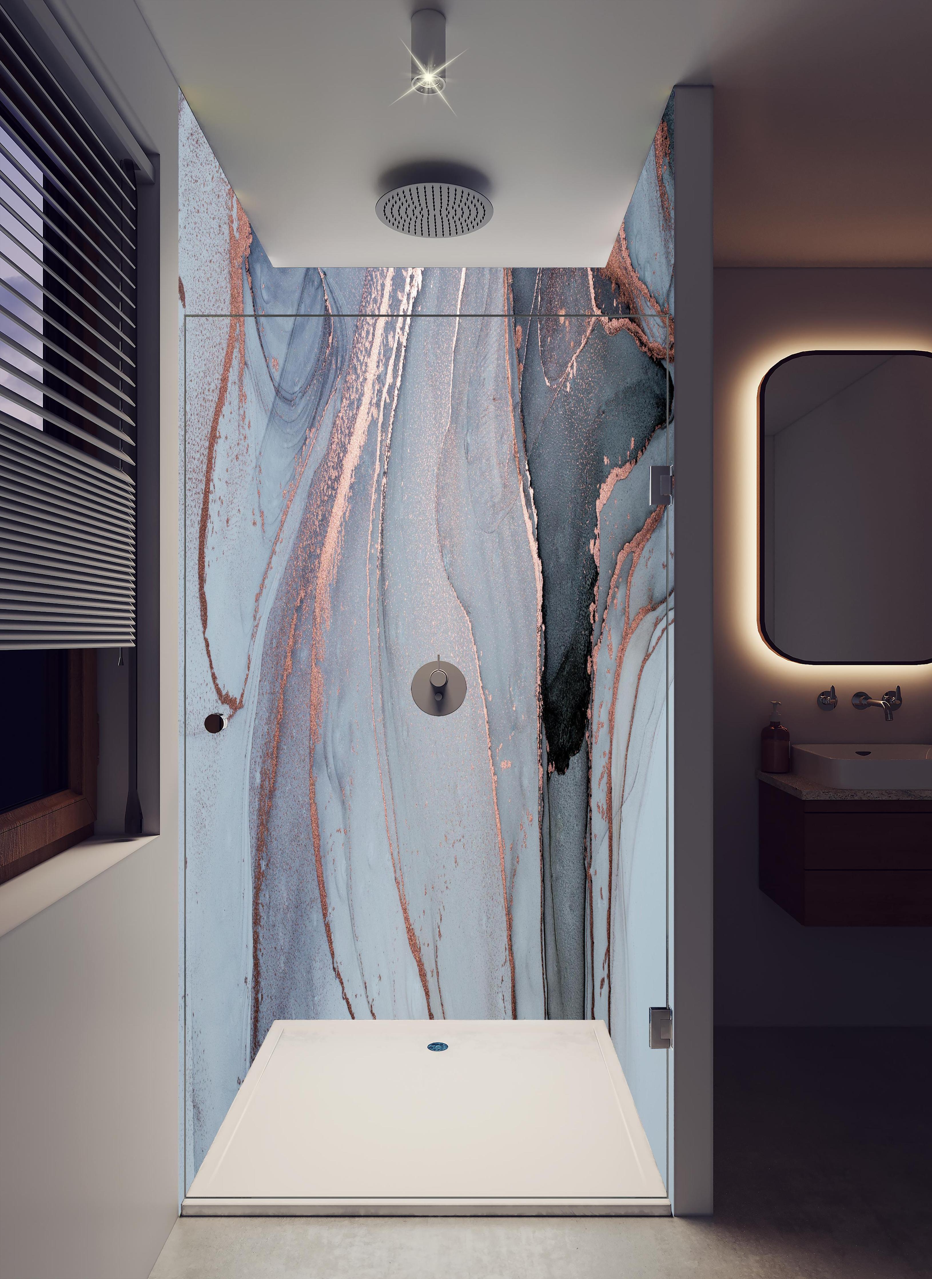 Duschrückwand - Luxus Flüssigkunstmalerei - Alkoholtechnik in hellem Badezimmer mit Regenduschkopf - zweiteilige Eck-Duschrückwand