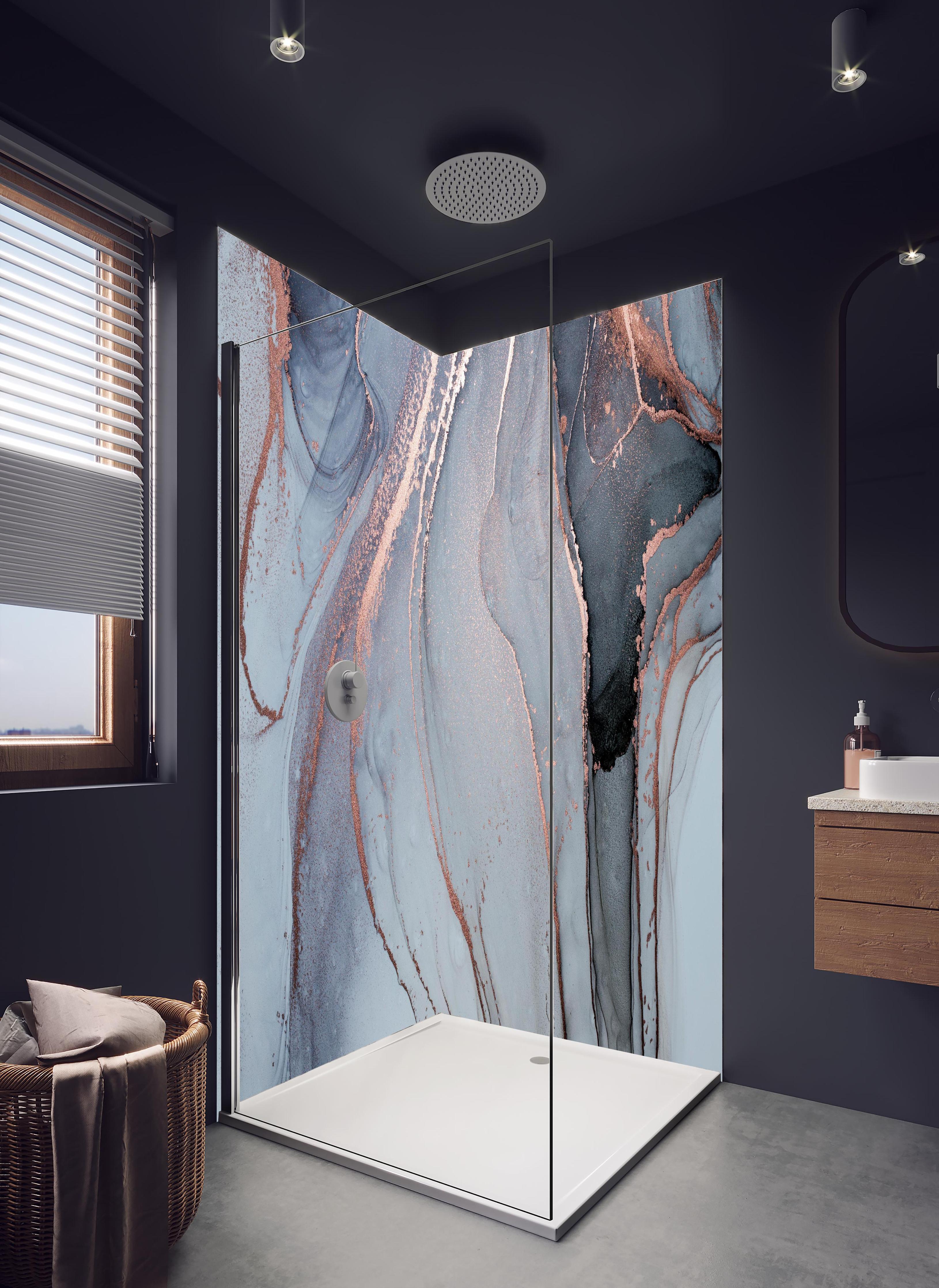 Duschrückwand - Luxus Flüssigkunstmalerei - Alkoholtechnik in hellem Badezimmer mit Regenduschkopf - zweiteilige Eck-Duschrückwand