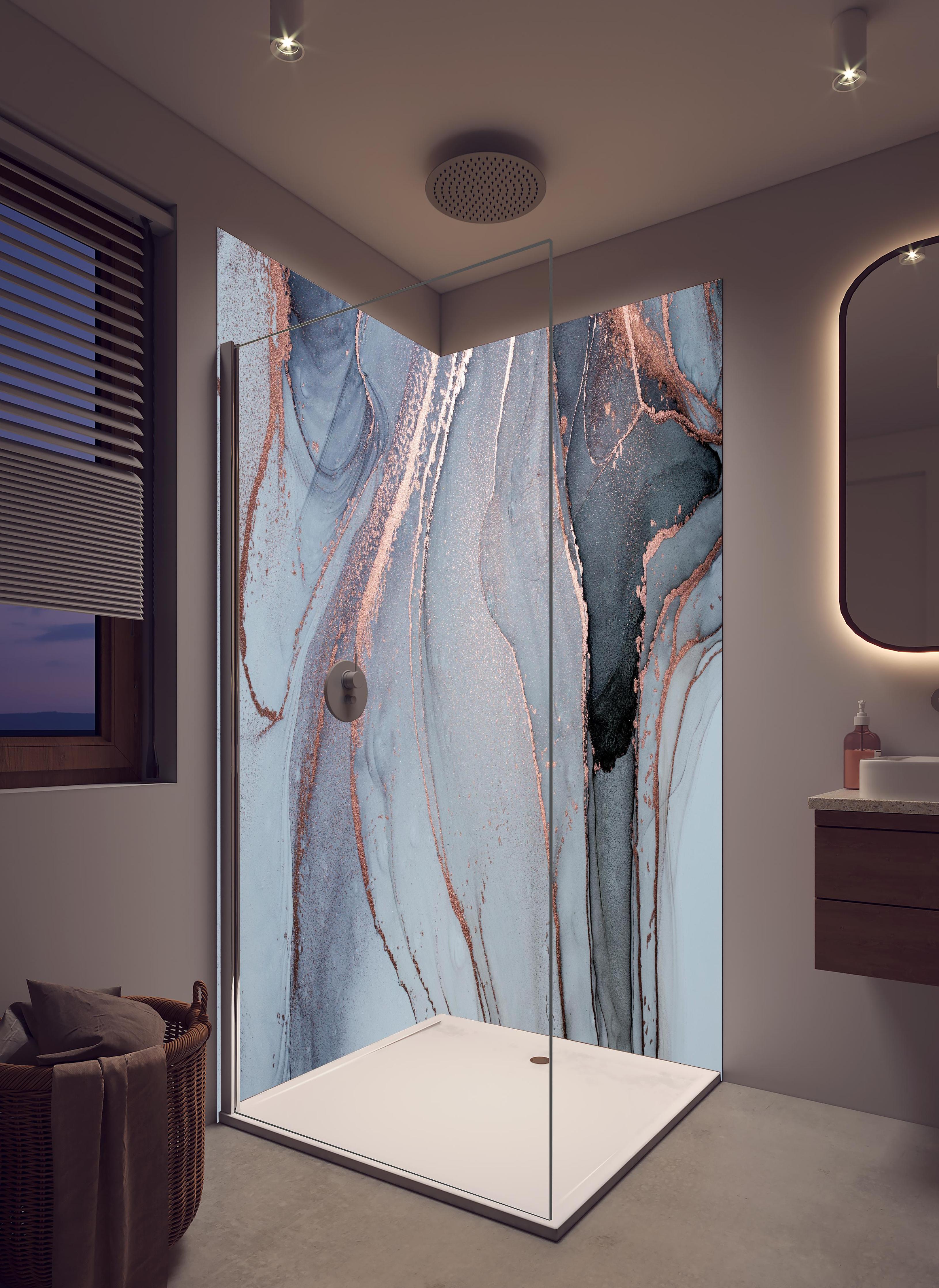 Duschrückwand - Luxus Flüssigkunstmalerei - Alkoholtechnik in hellem Badezimmer mit Regenduschkopf - zweiteilige Eck-Duschrückwand