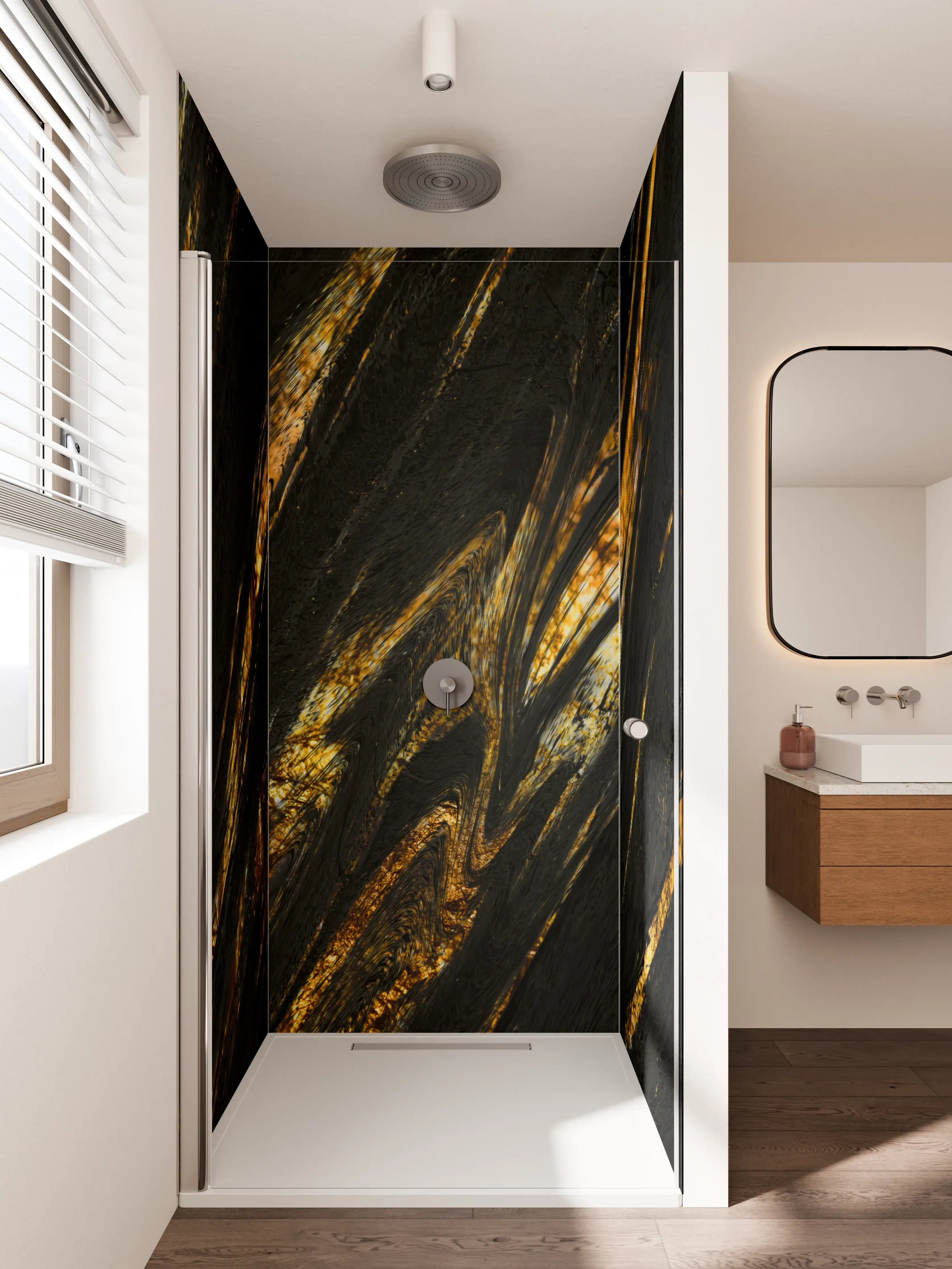 Duschrückwand - Luxus Gold Marmor-Holz Textur