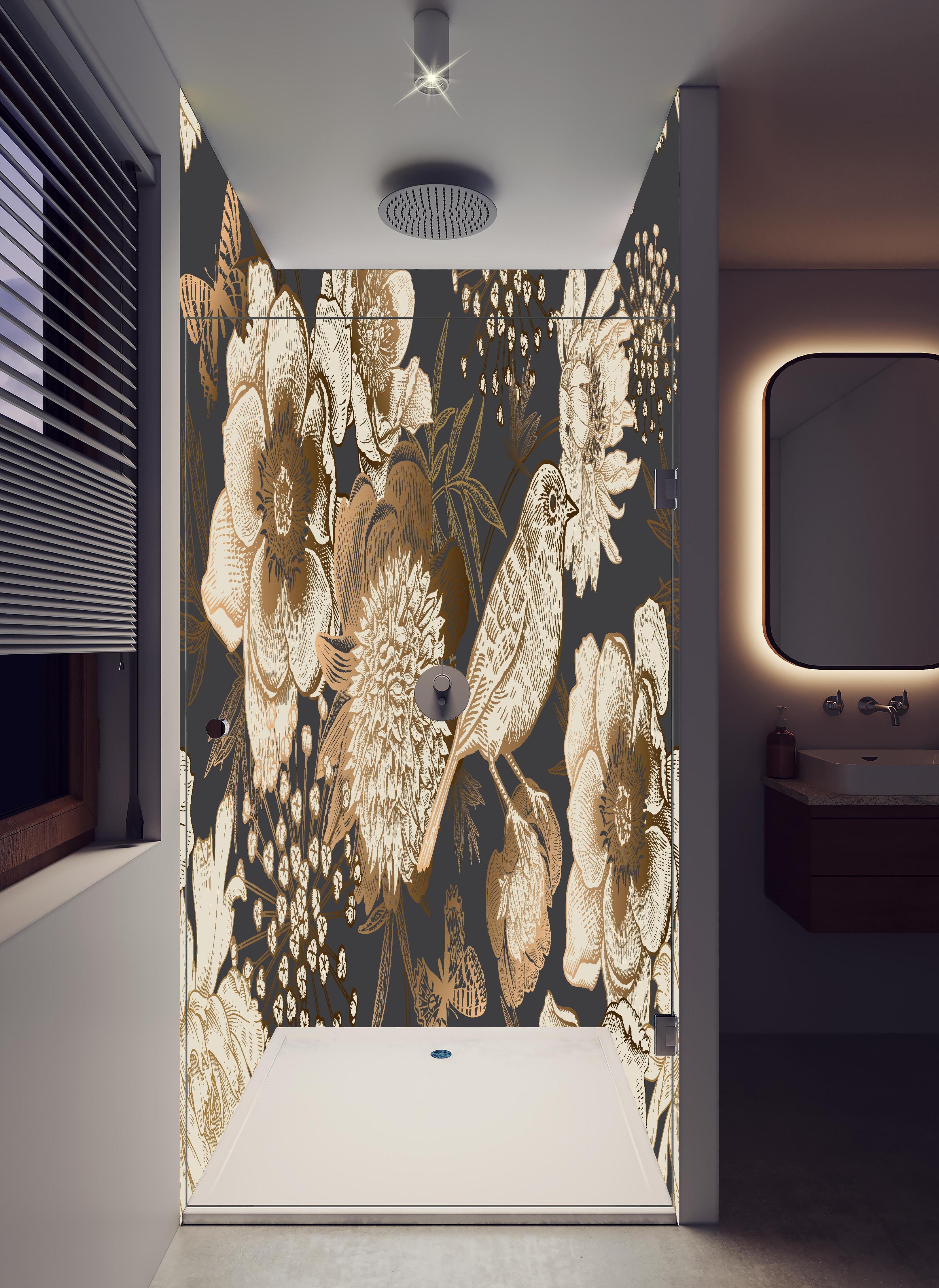 Duschrückwand - Luxus Gold-Peonien Vogel Muster in hellem Badezimmer mit Regenduschkopf - zweiteilige Eck-Duschrückwand