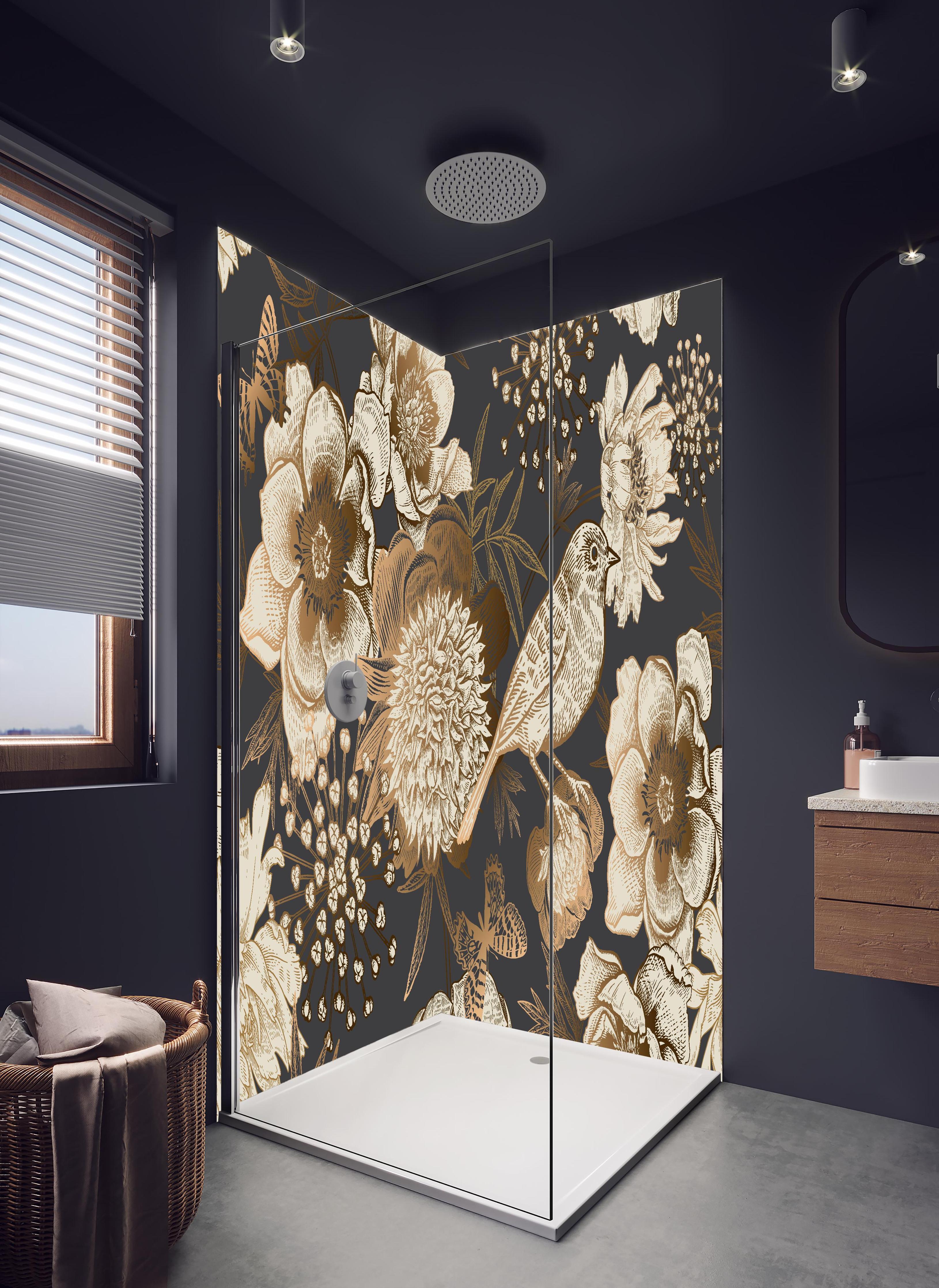 Duschrückwand - Luxus Gold-Peonien Vogel Muster in hellem Badezimmer mit Regenduschkopf - zweiteilige Eck-Duschrückwand