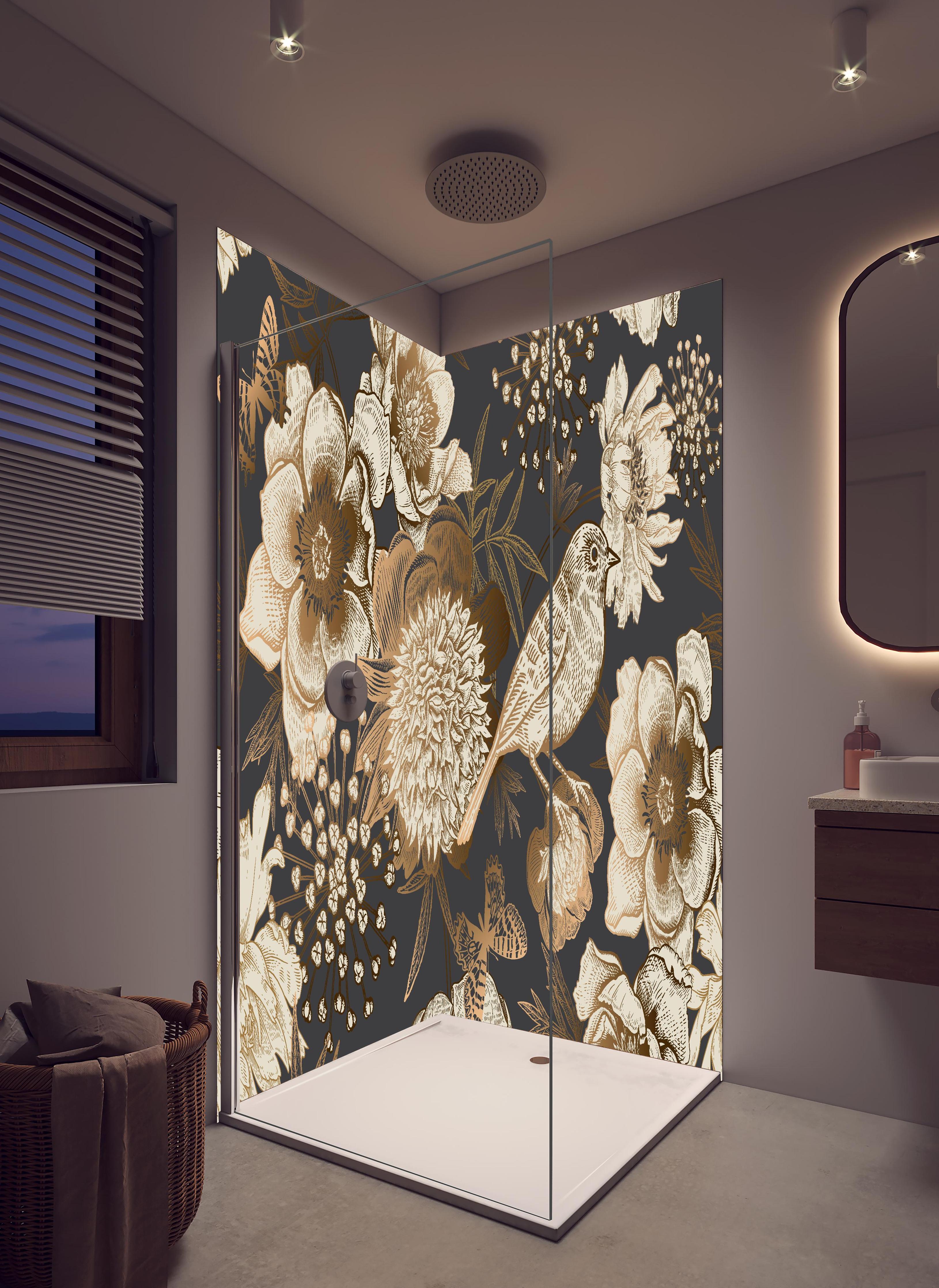 Duschrückwand - Luxus Gold-Peonien Vogel Muster in hellem Badezimmer mit Regenduschkopf - zweiteilige Eck-Duschrückwand