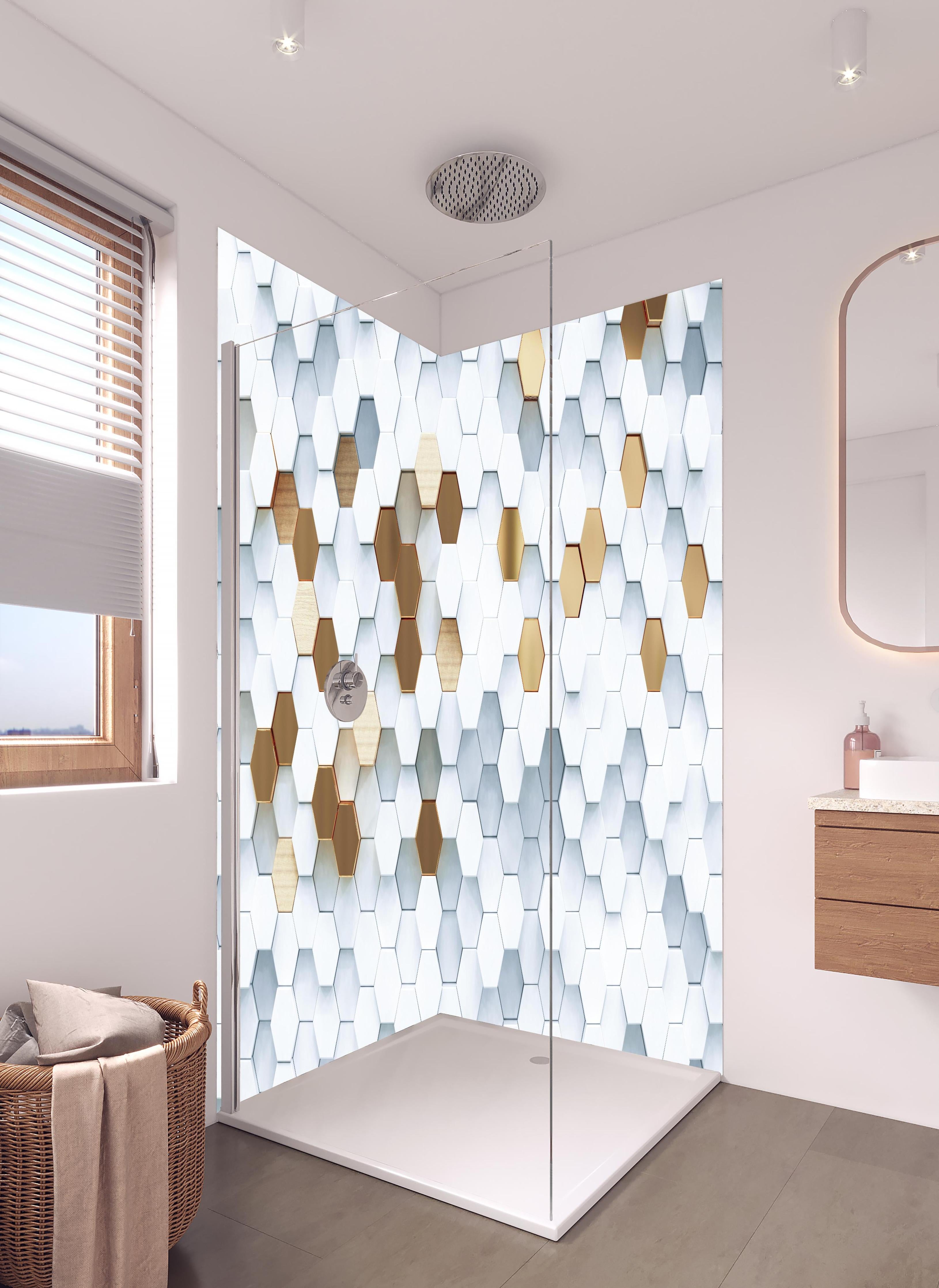 Duschrückwand - Luxus Sechseck Muster in hellem Badezimmer mit Regenduschkopf - zweiteilige Eck-Duschrückwand
