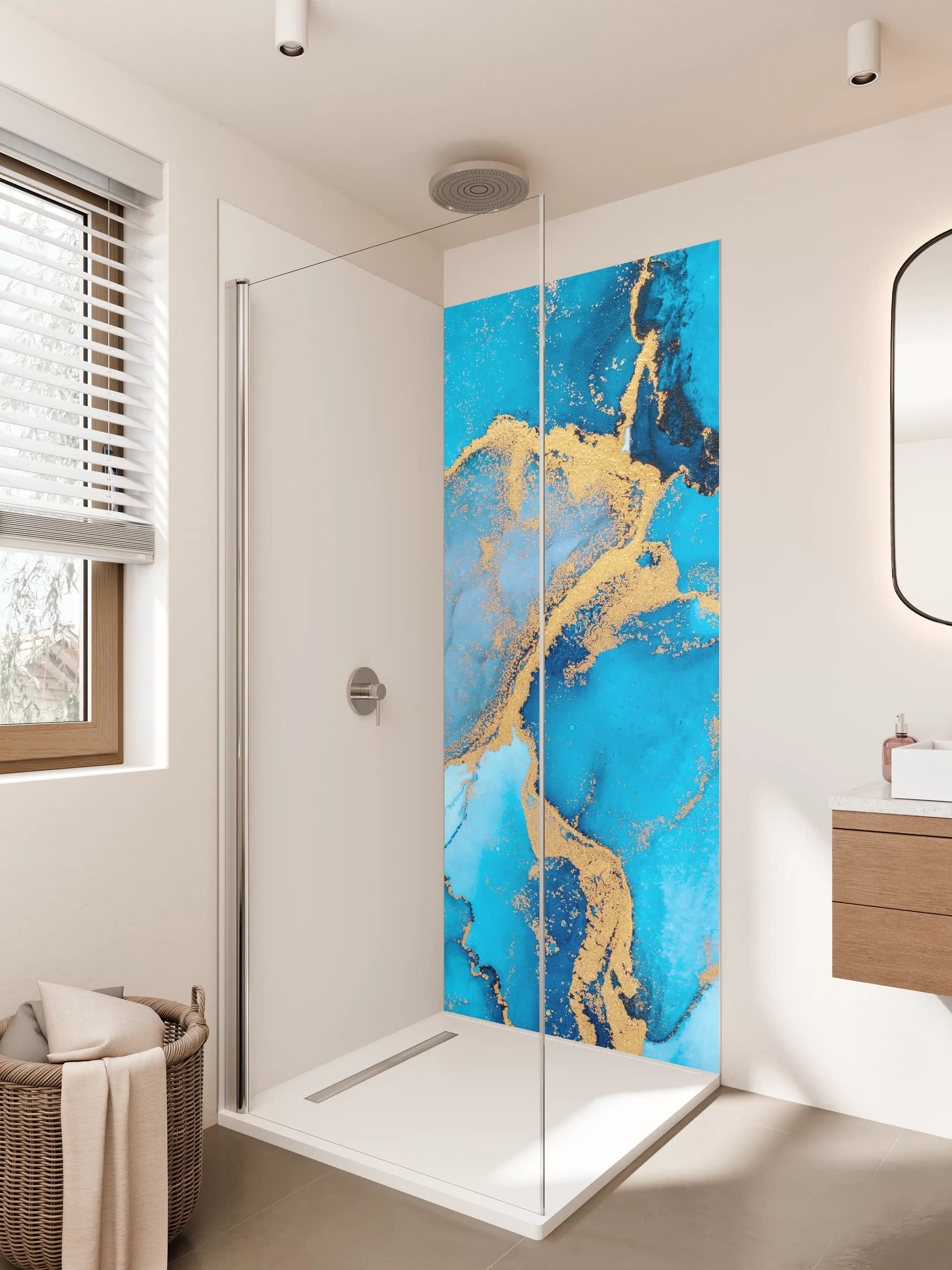 Duschrückwand - Luxus blau mit goldenem Stich - Tintenmalerei