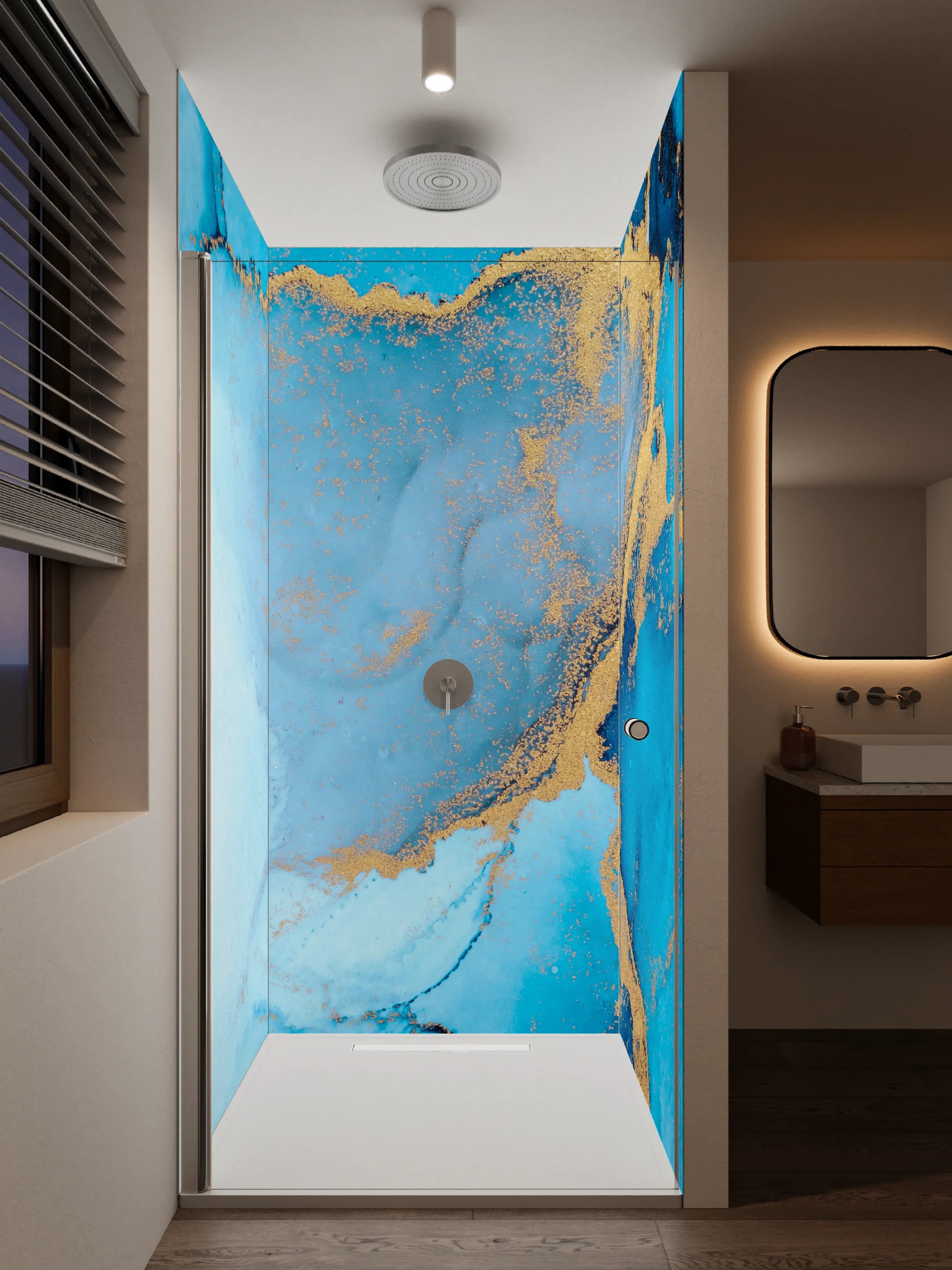 Duschrückwand - Luxus blau mit goldenem Stich - Tintenmalerei