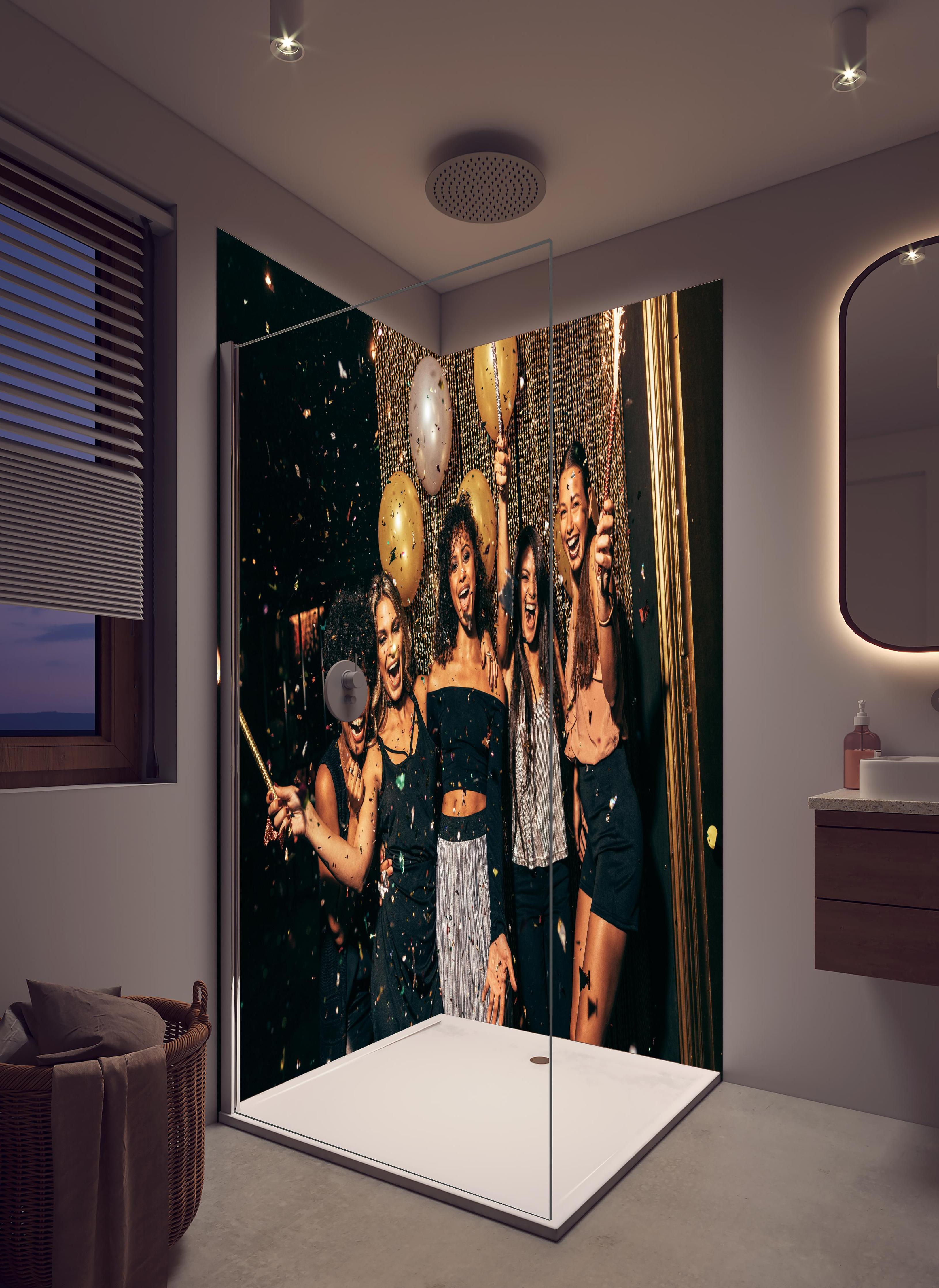 Duschrückwand - Mädchen im Nachtclub haben eine tolle Zeit in hellem Badezimmer mit Regenduschkopf - zweiteilige Eck-Duschrückwand