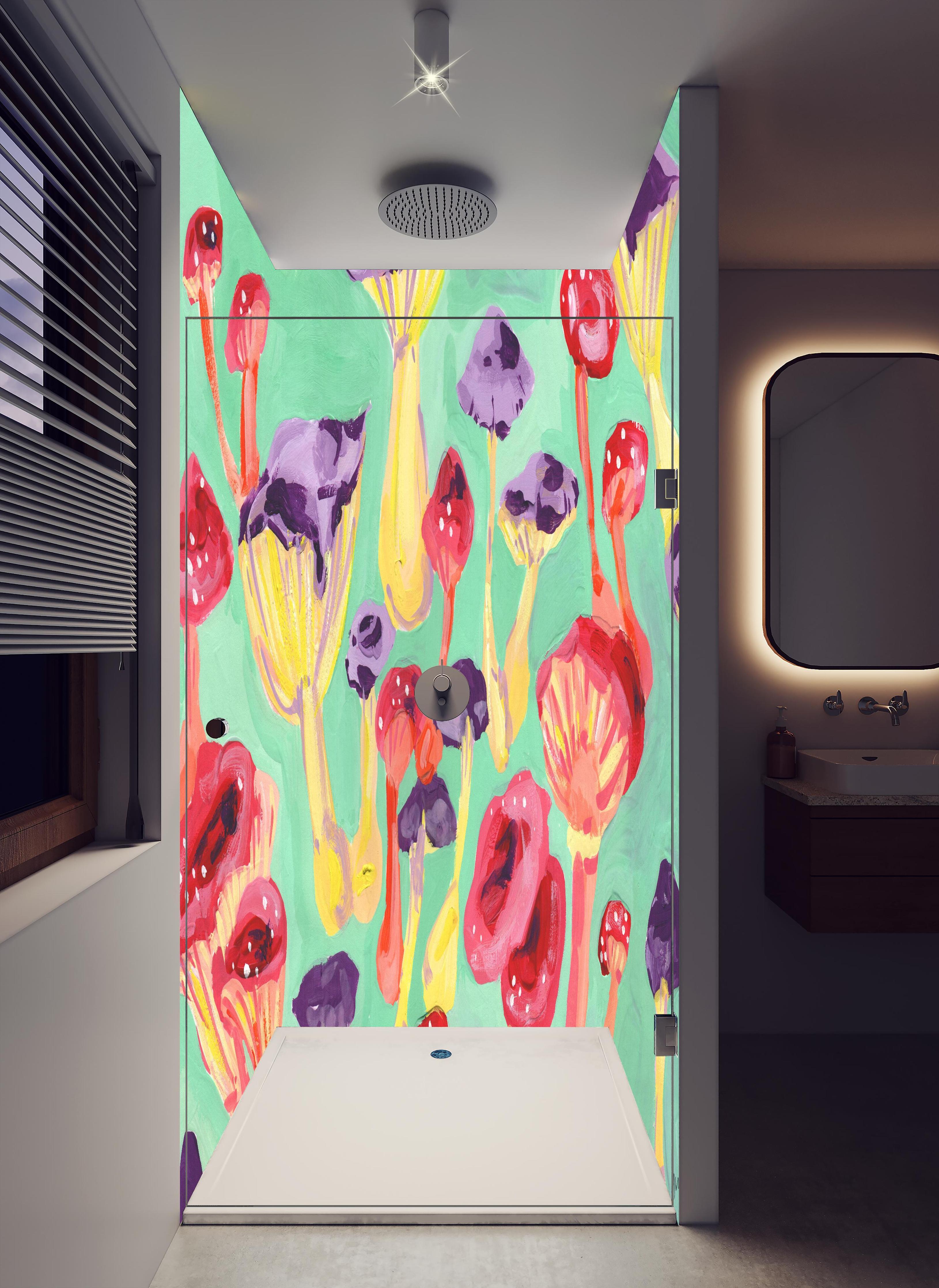 Duschrückwand - Magische Pilze - Gemälde in hellem Badezimmer mit Regenduschkopf - zweiteilige Eck-Duschrückwand
