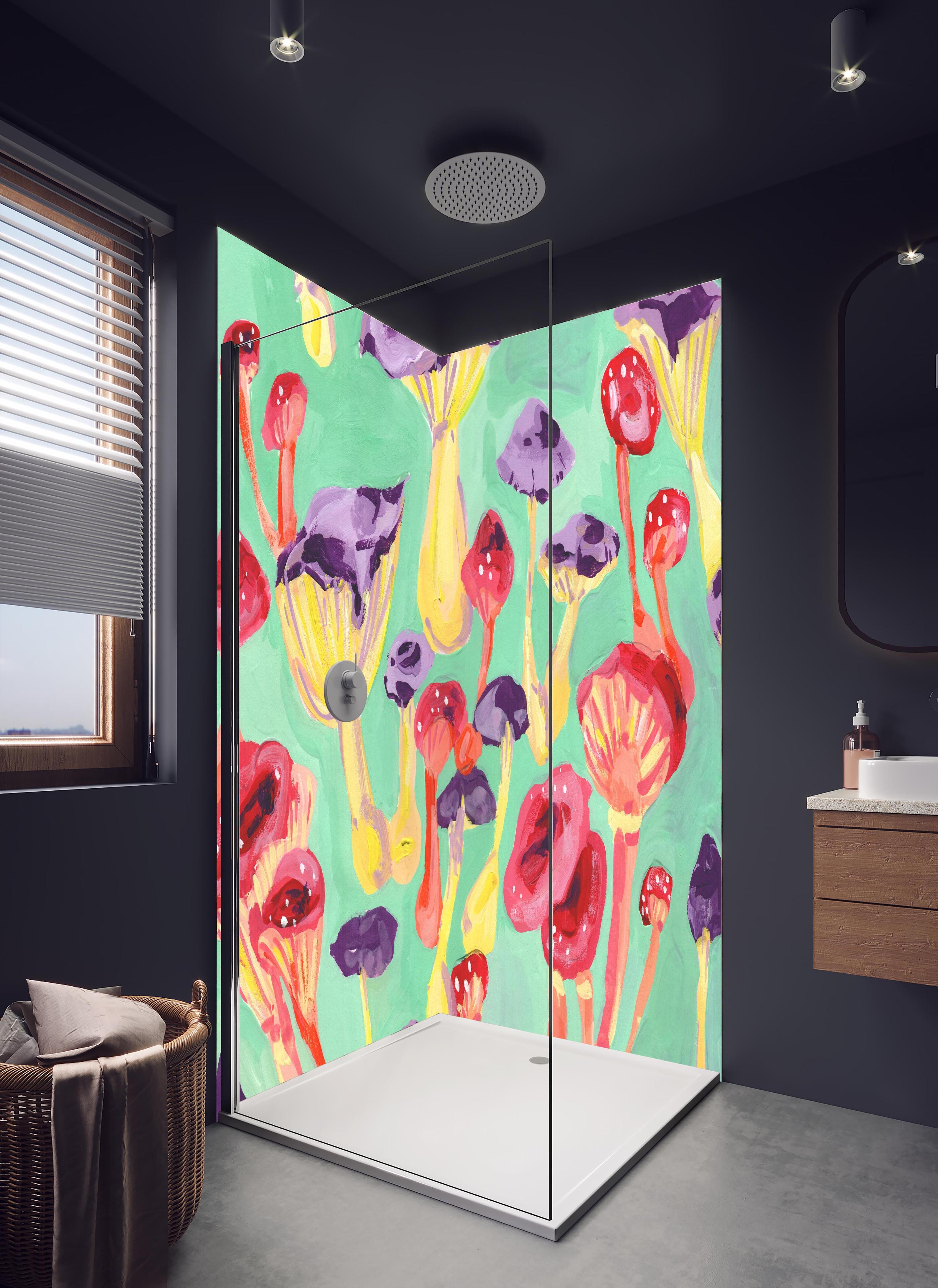 Duschrückwand - Magische Pilze - Gemälde in hellem Badezimmer mit Regenduschkopf - zweiteilige Eck-Duschrückwand