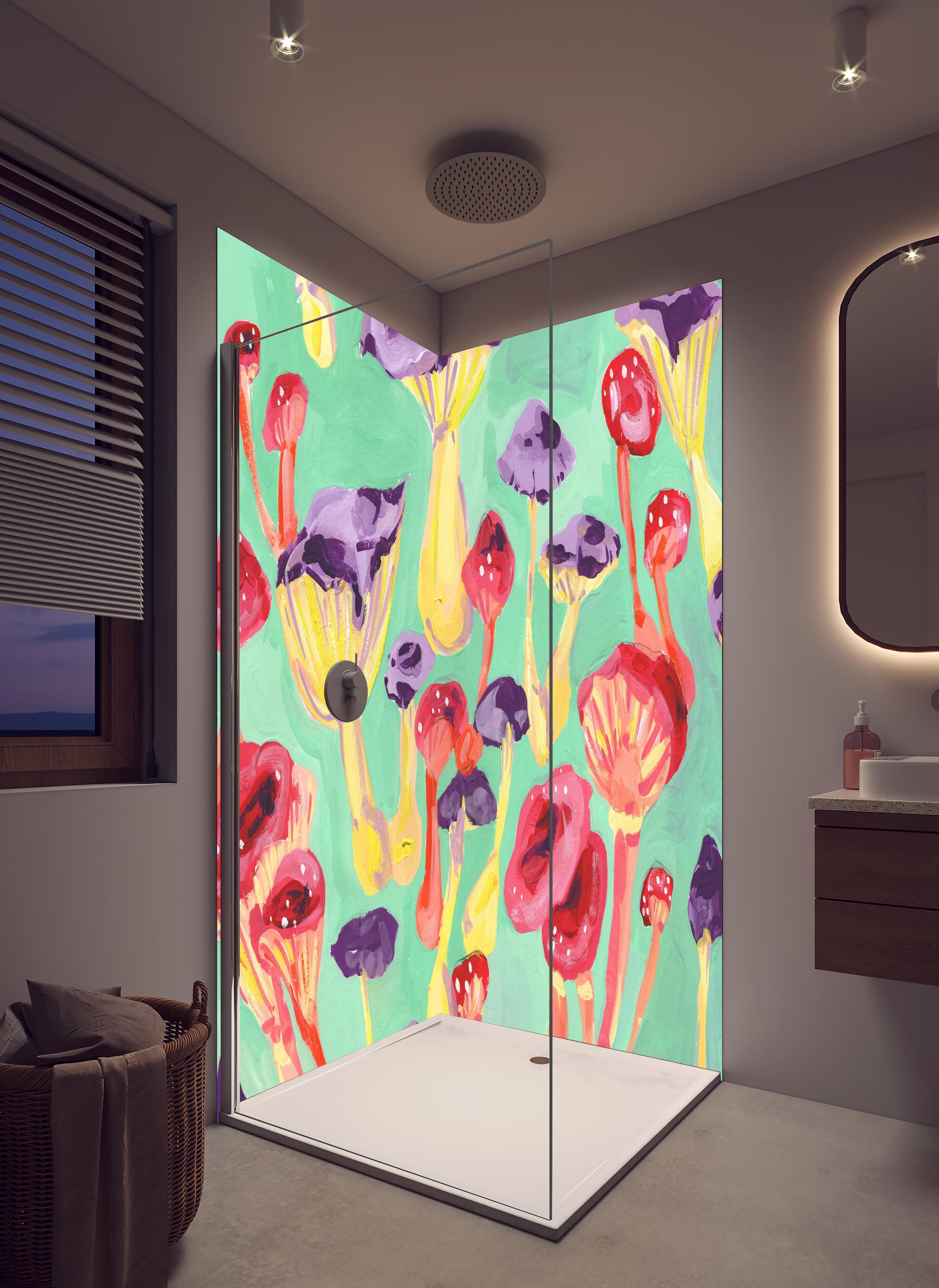 Duschrückwand - Magische Pilze - Gemälde in hellem Badezimmer mit Regenduschkopf - zweiteilige Eck-Duschrückwand