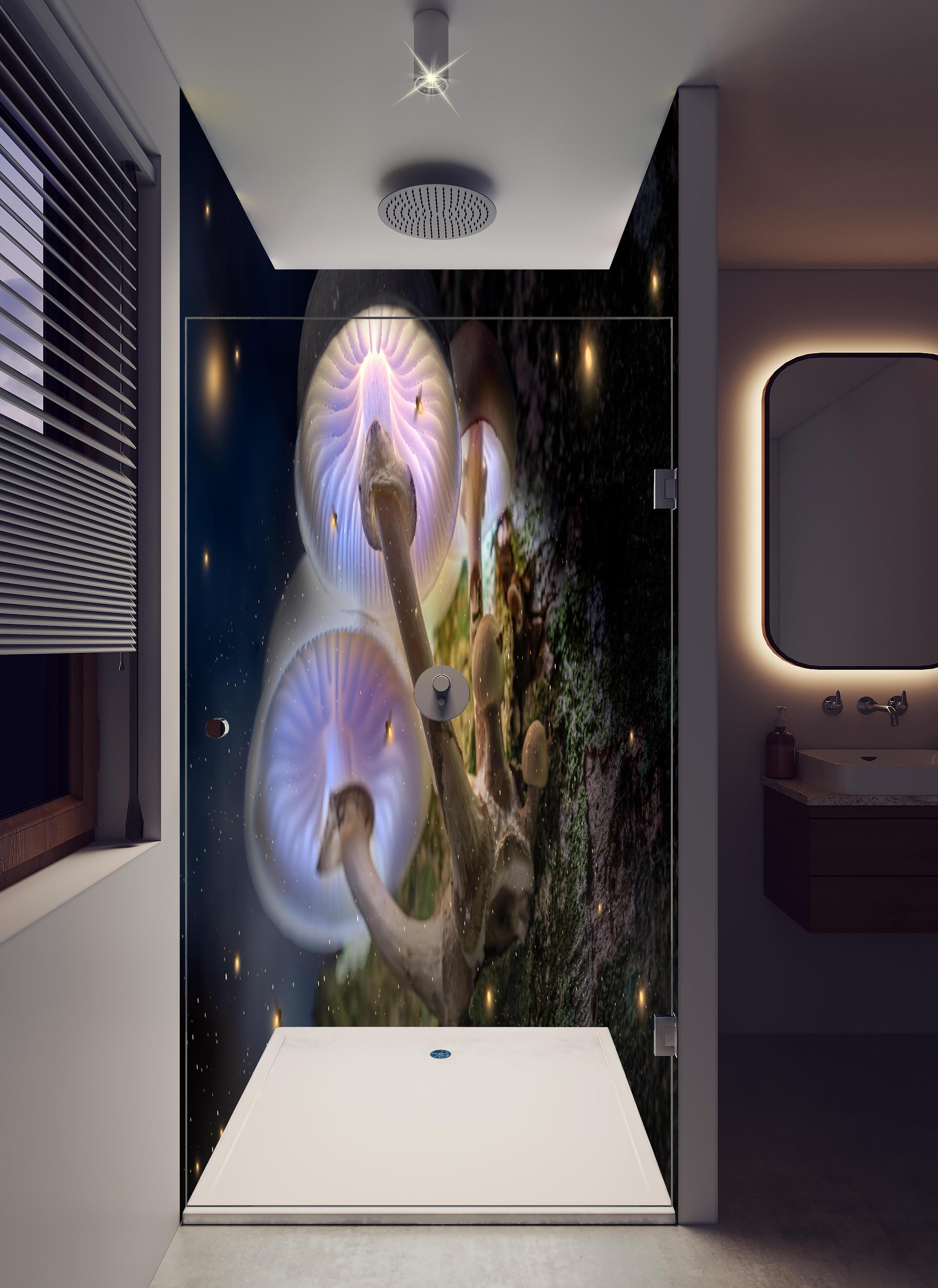 Duschrückwand - Magischer Baumpilz in hellem Badezimmer mit Regenduschkopf - zweiteilige Eck-Duschrückwand