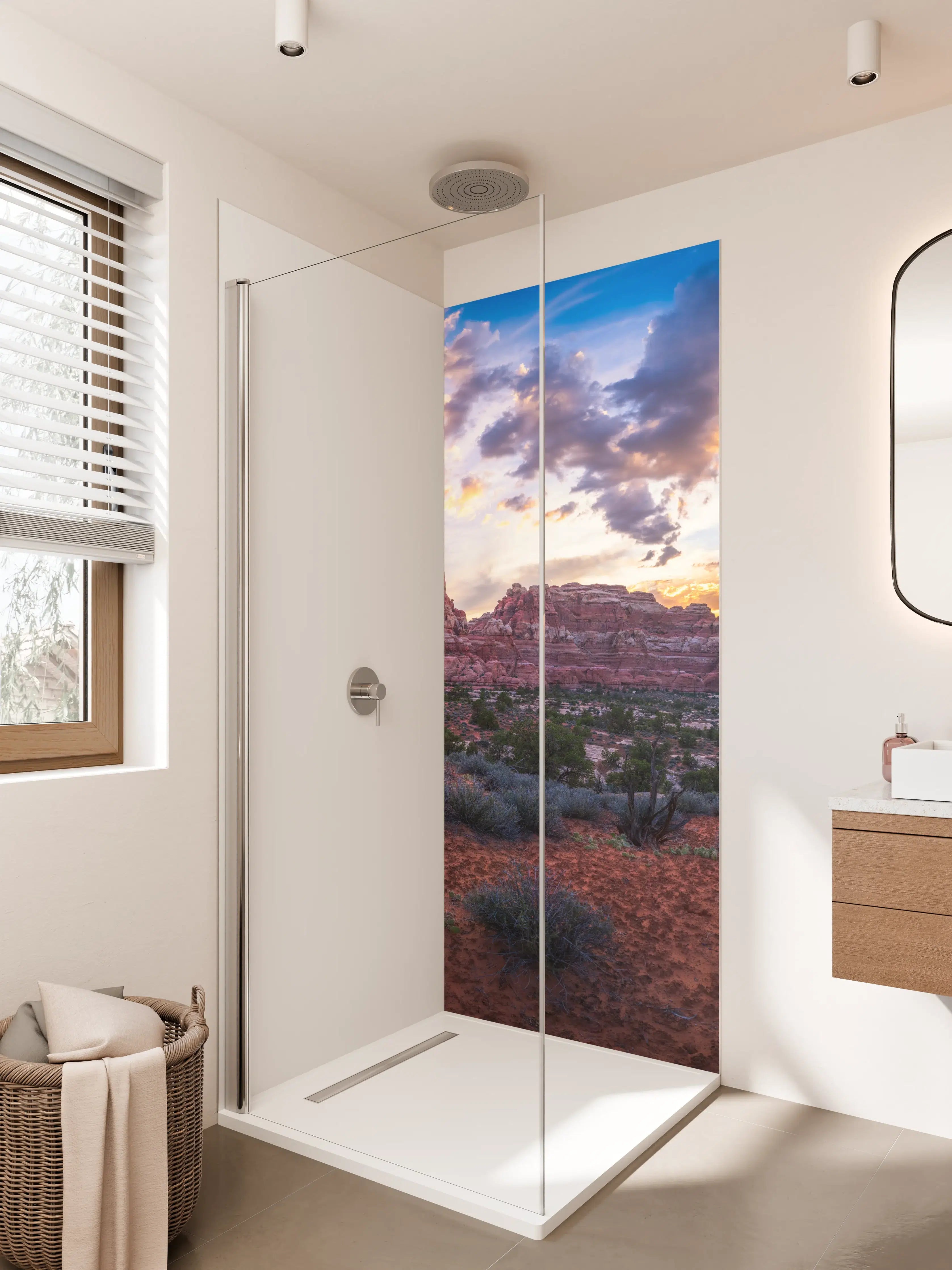 Duschrückwand - Magischer Sonnenuntergang über roten Felsen